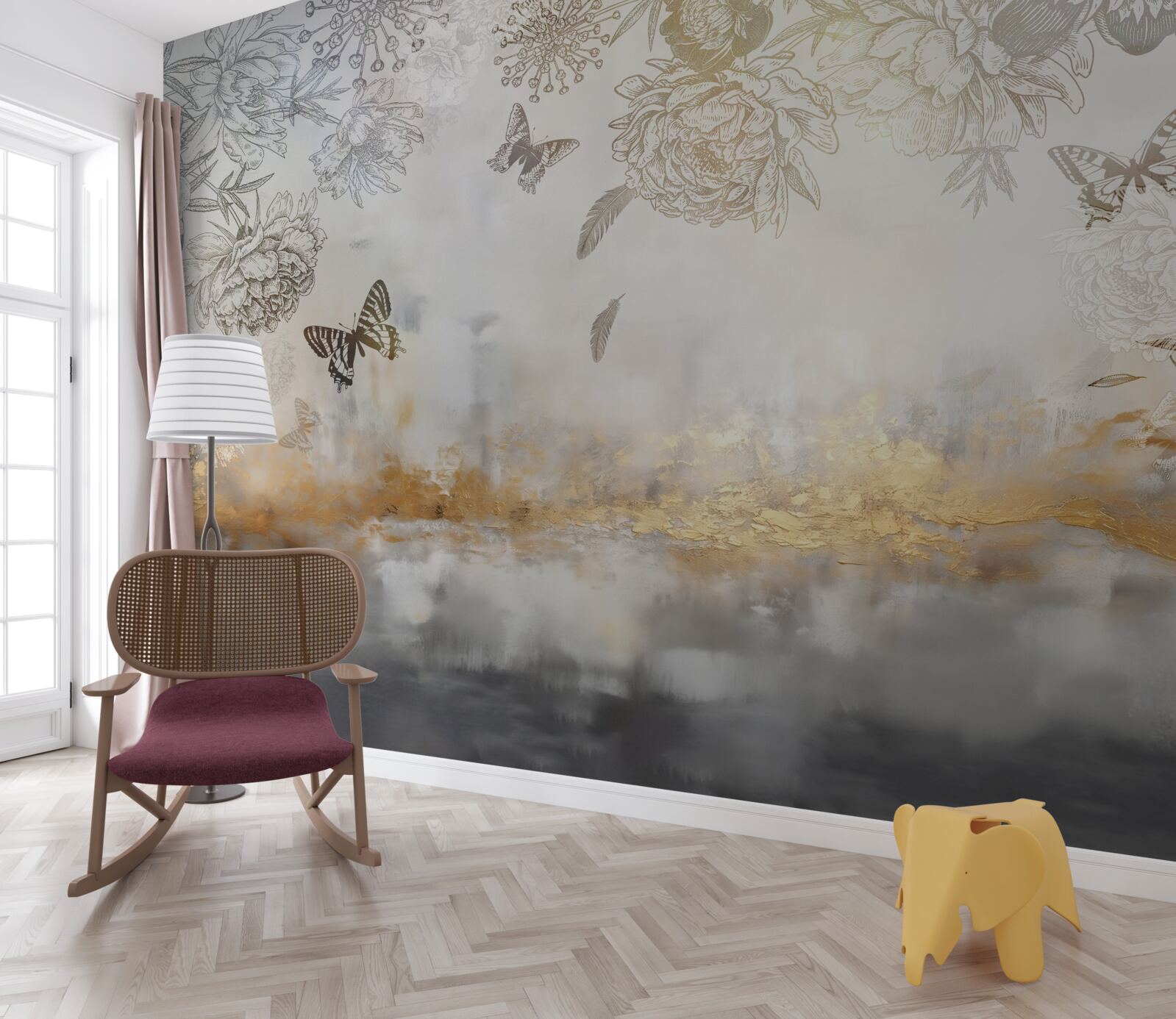 Фотошпалери метелики літають над туманною водою