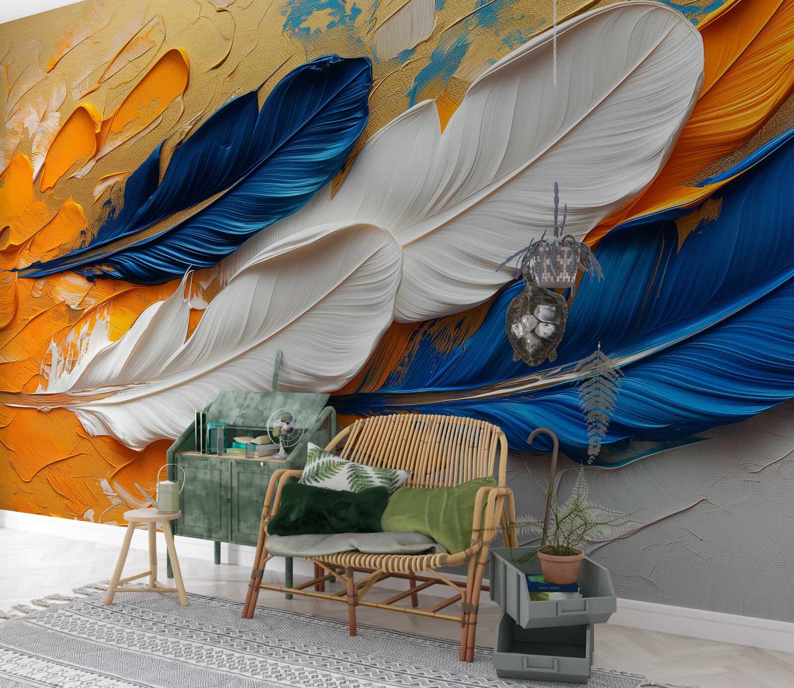 Фотошпалери фарба з білим і синім пір'ям