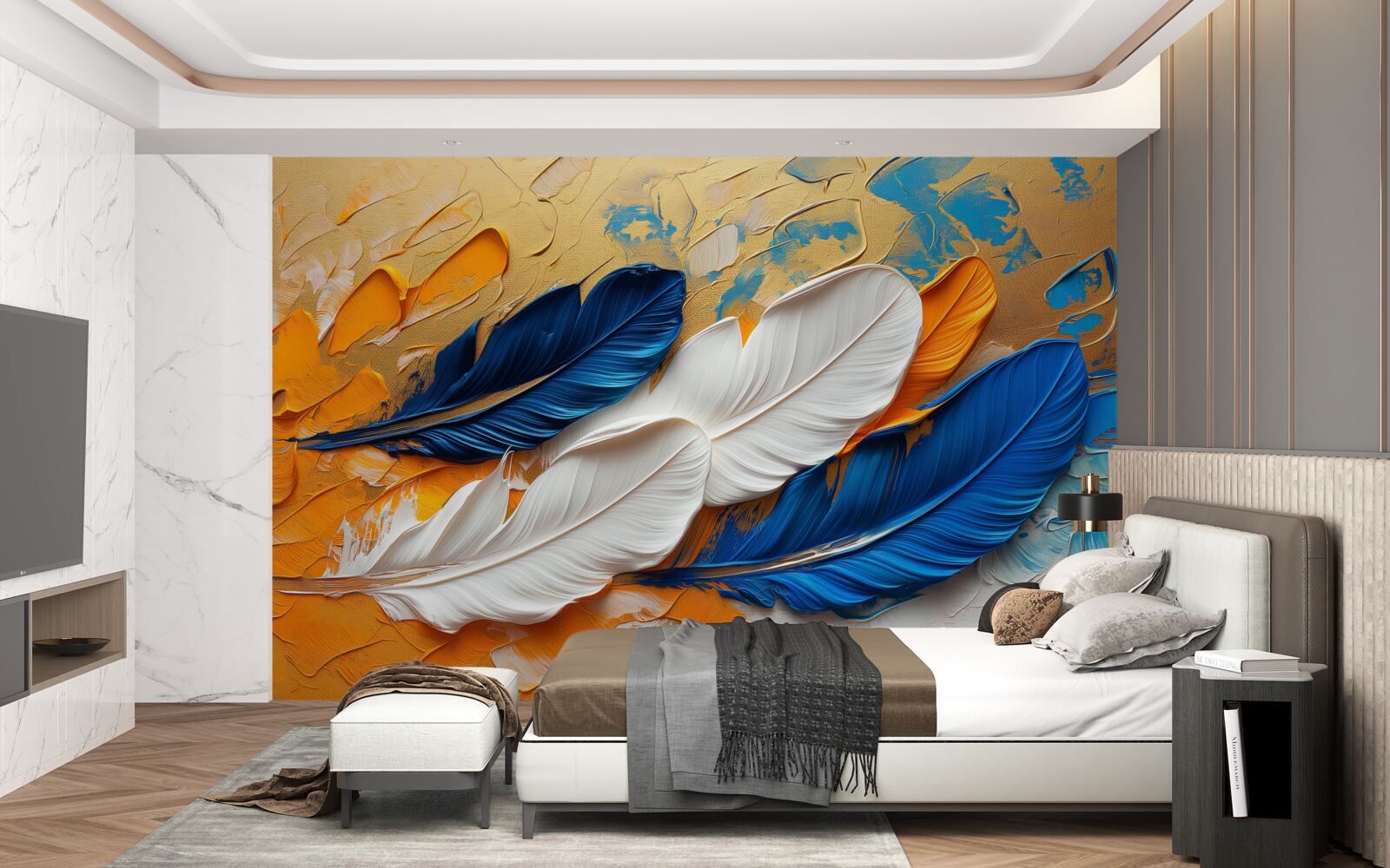 Фотошпалери фарба з білим і синім пір'ям