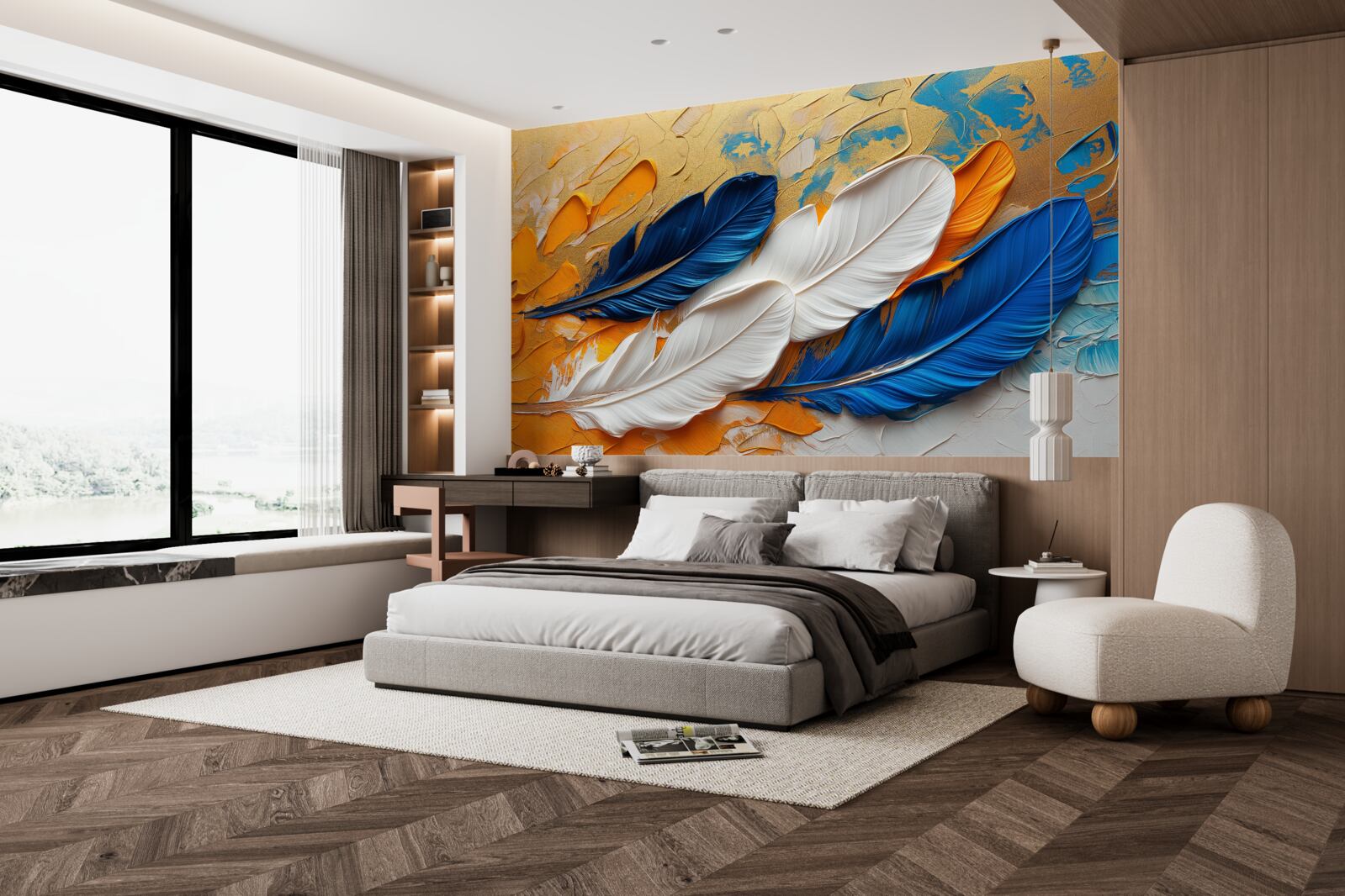 Фотошпалери фарба з білим і синім пір'ям