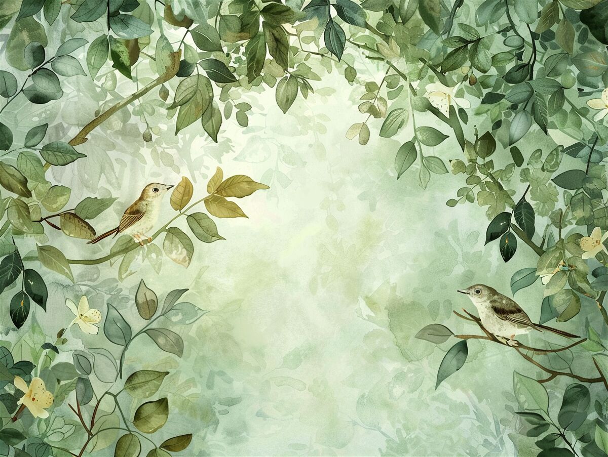 Фотошпалери птахи серед зеленого листя дерев