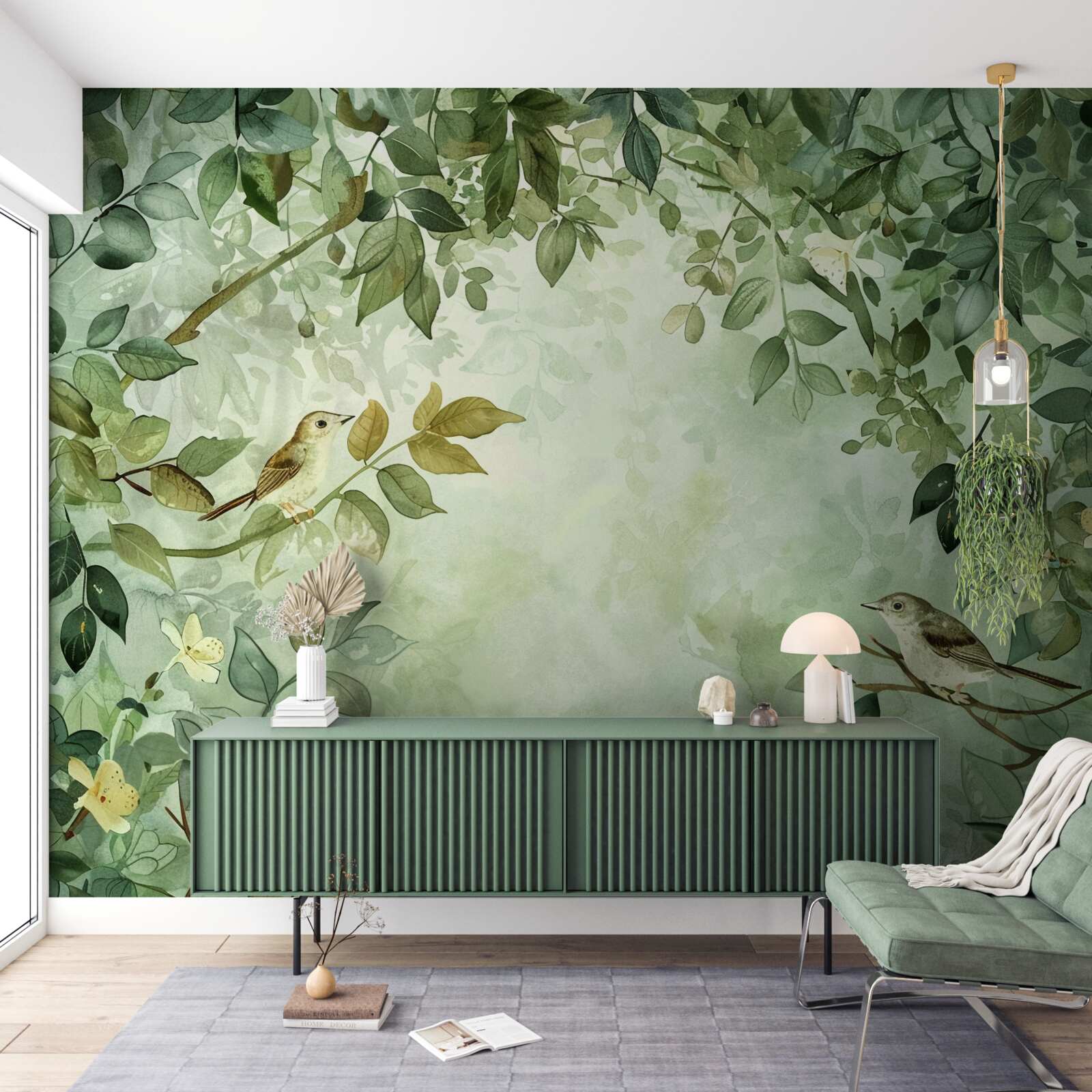 Фотошпалери птахи серед зеленого листя дерев