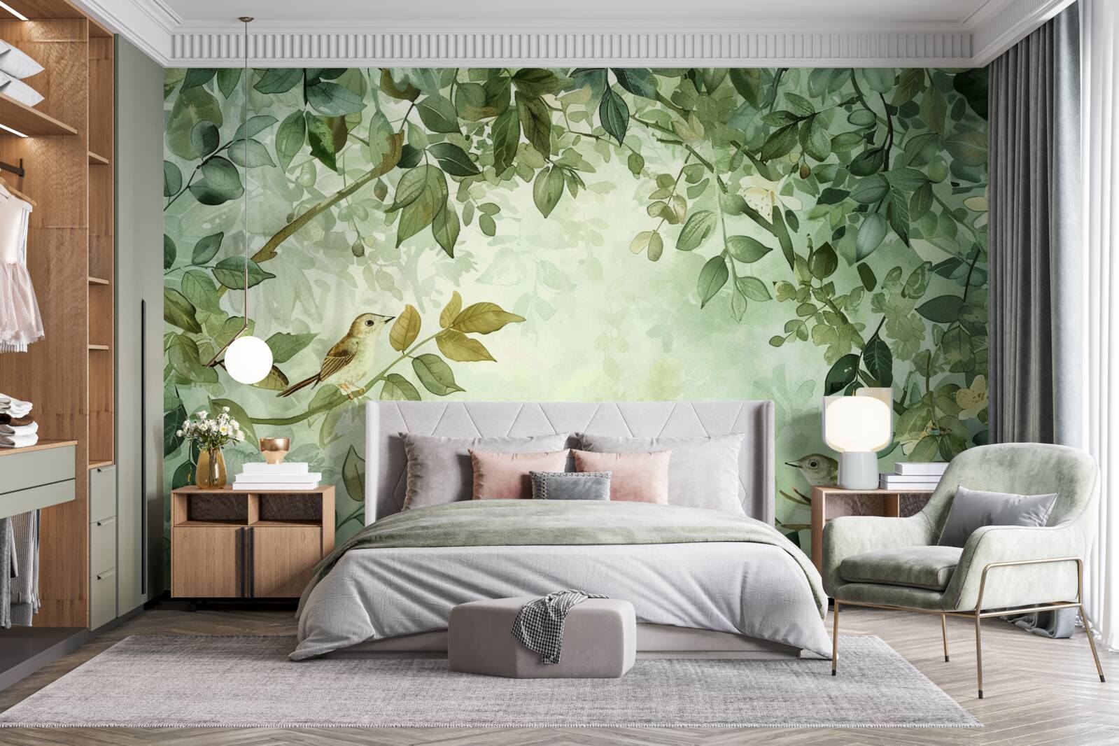 Фотошпалери птахи серед зеленого листя дерев