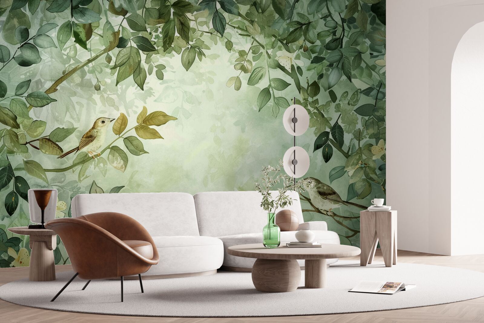 Фотошпалери птахи серед зеленого листя дерев