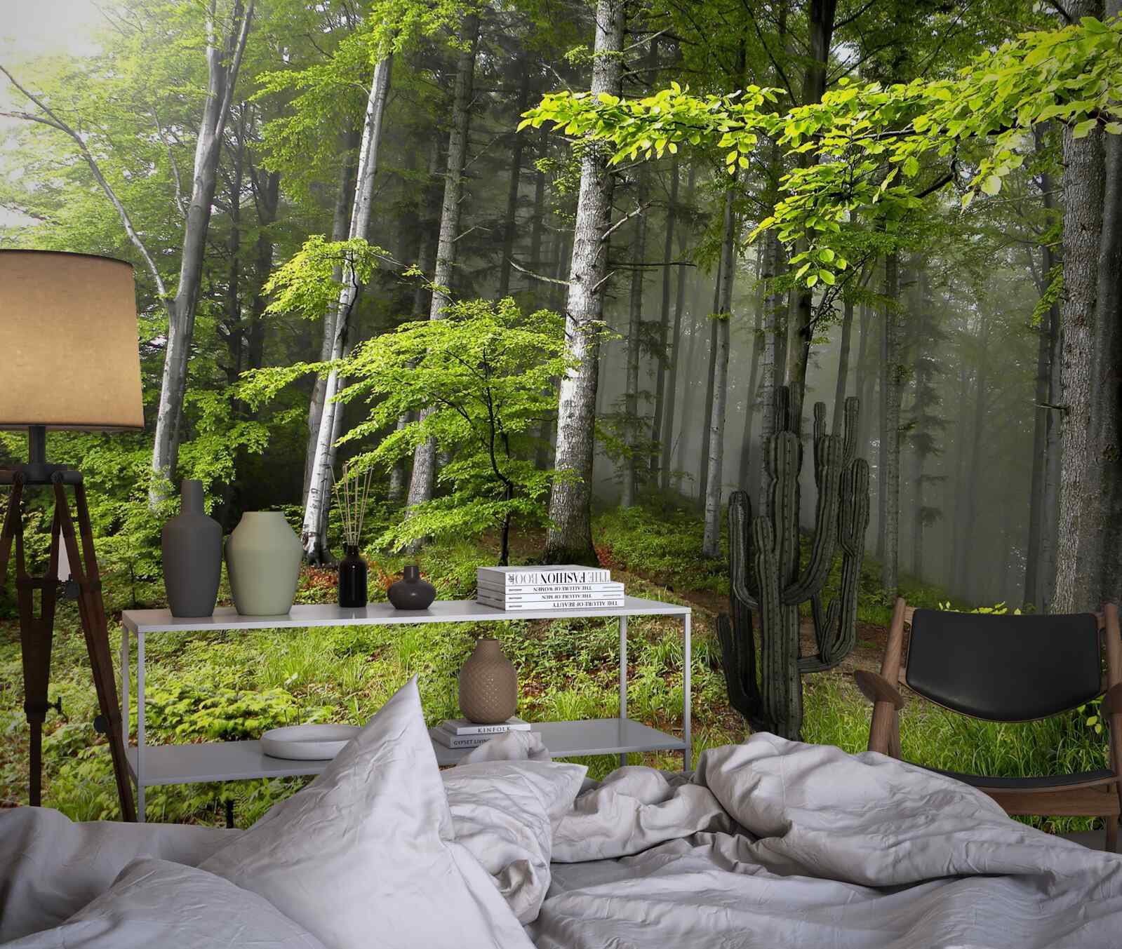 Фотошпалери туманний ліс з листям