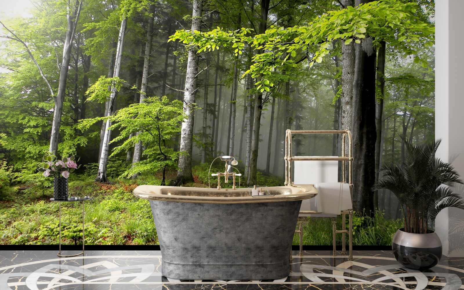 Фотошпалери туманний ліс з листям