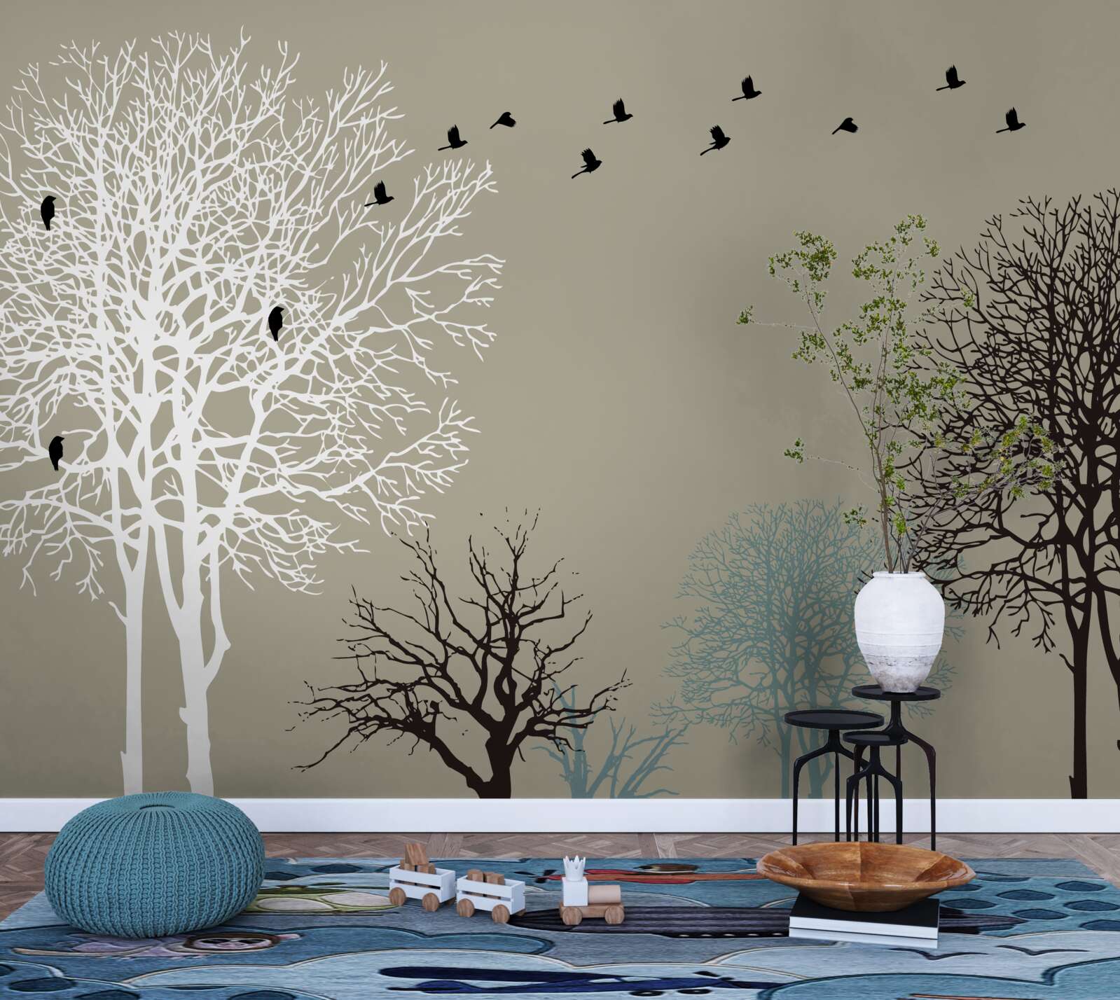 Фотошпалери птахи літають над верхівками дерев