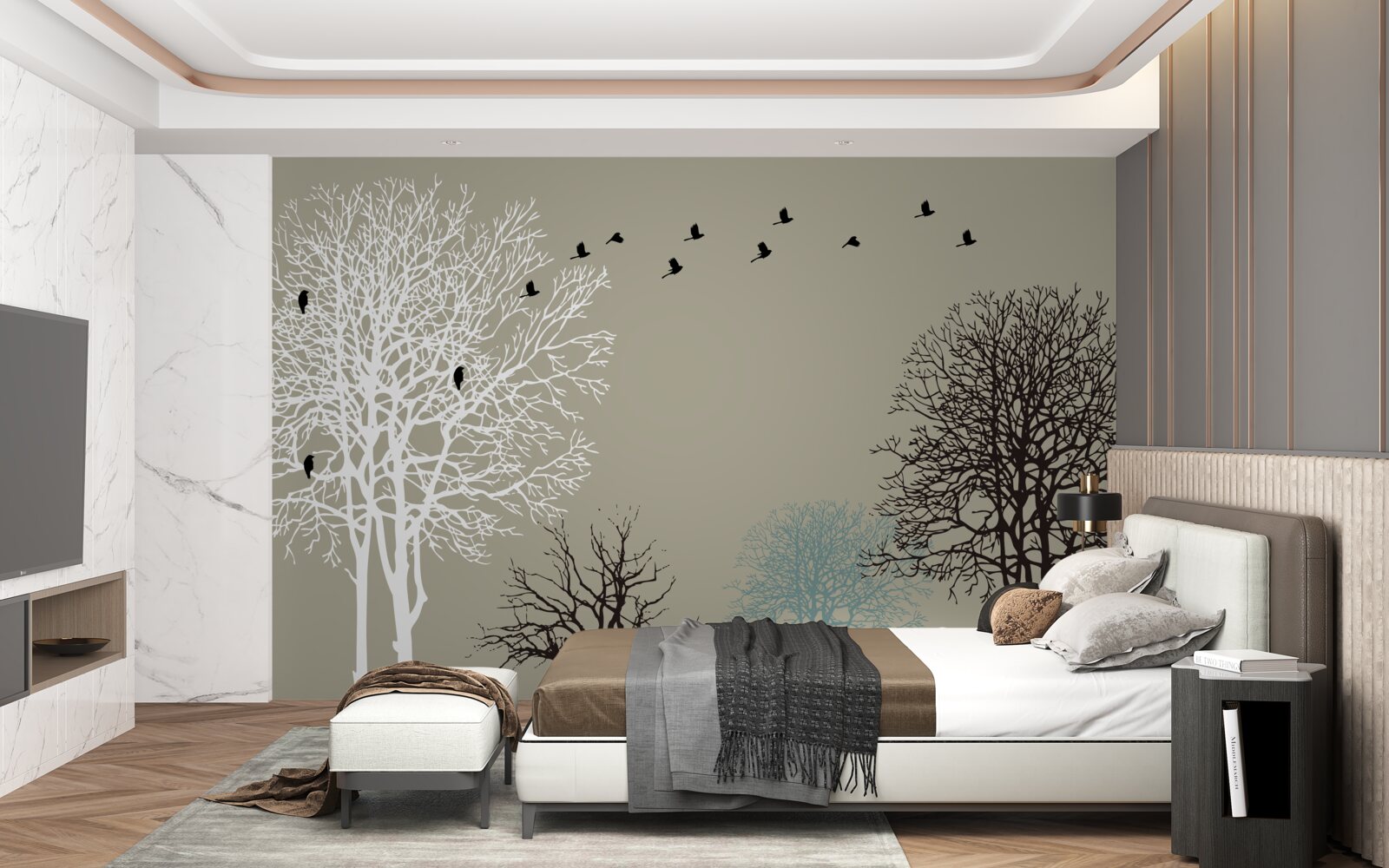 Фотошпалери птахи літають над верхівками дерев