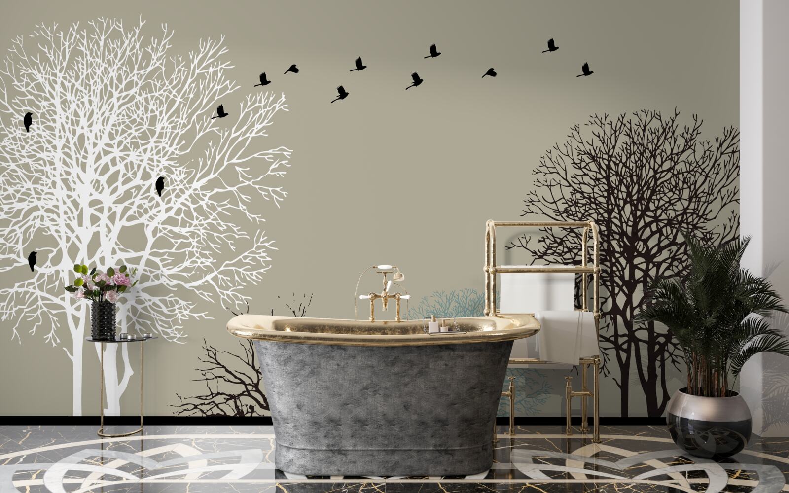 Фотошпалери птахи літають над верхівками дерев