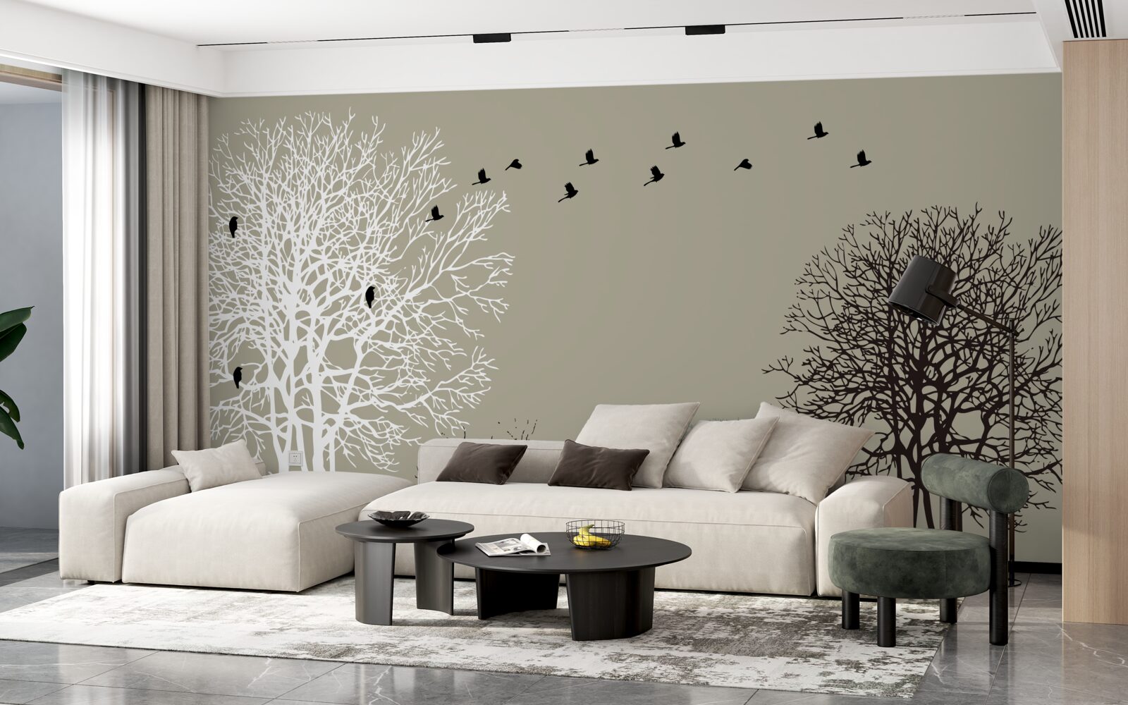 Фотошпалери птахи літають над верхівками дерев