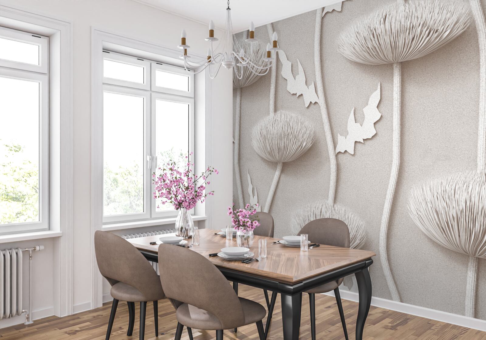 Фотошпалери стрункі, білі квіти з пухнастою текстурою