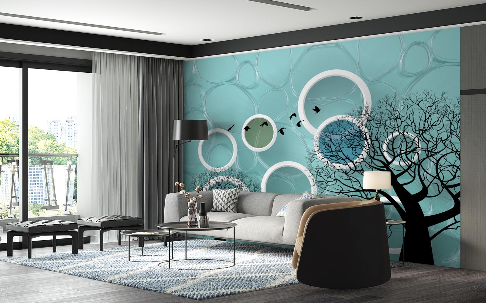 Фотошпалери бірюзові кола та дерева