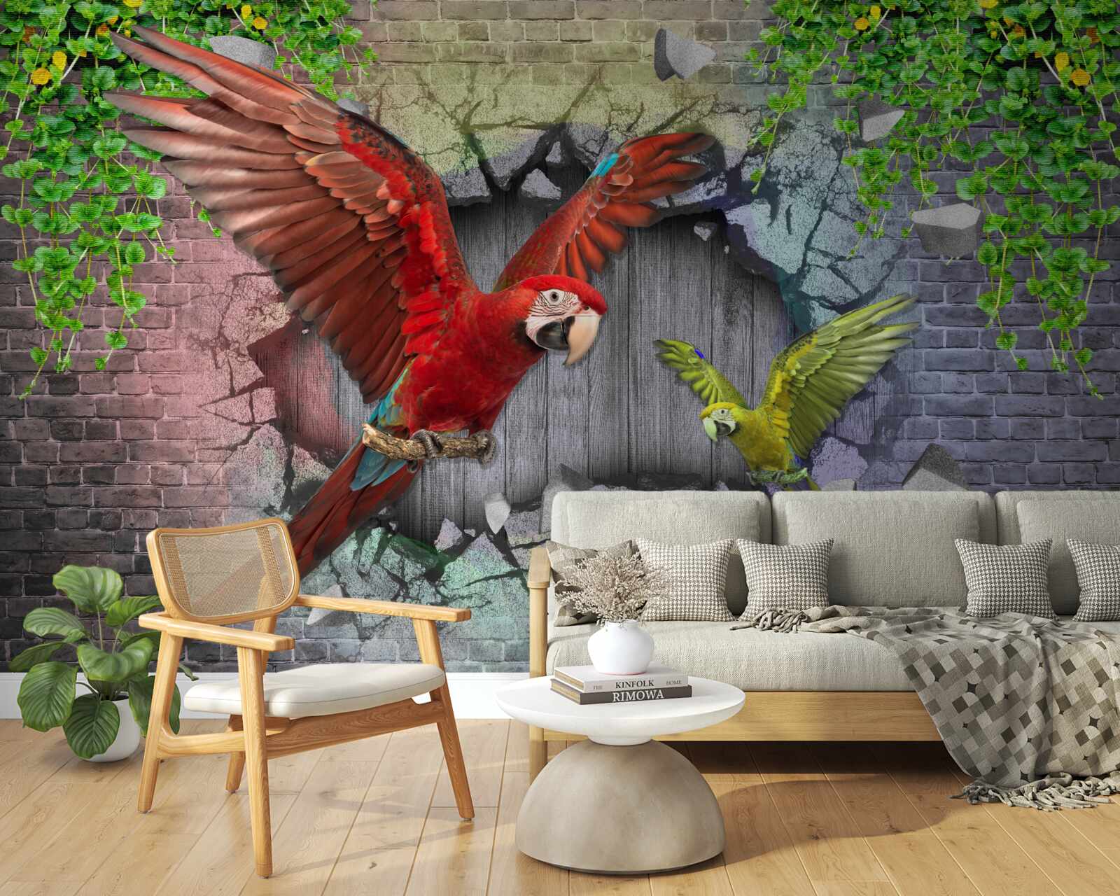 Фотошпалери папуги пролазять крізь стіну