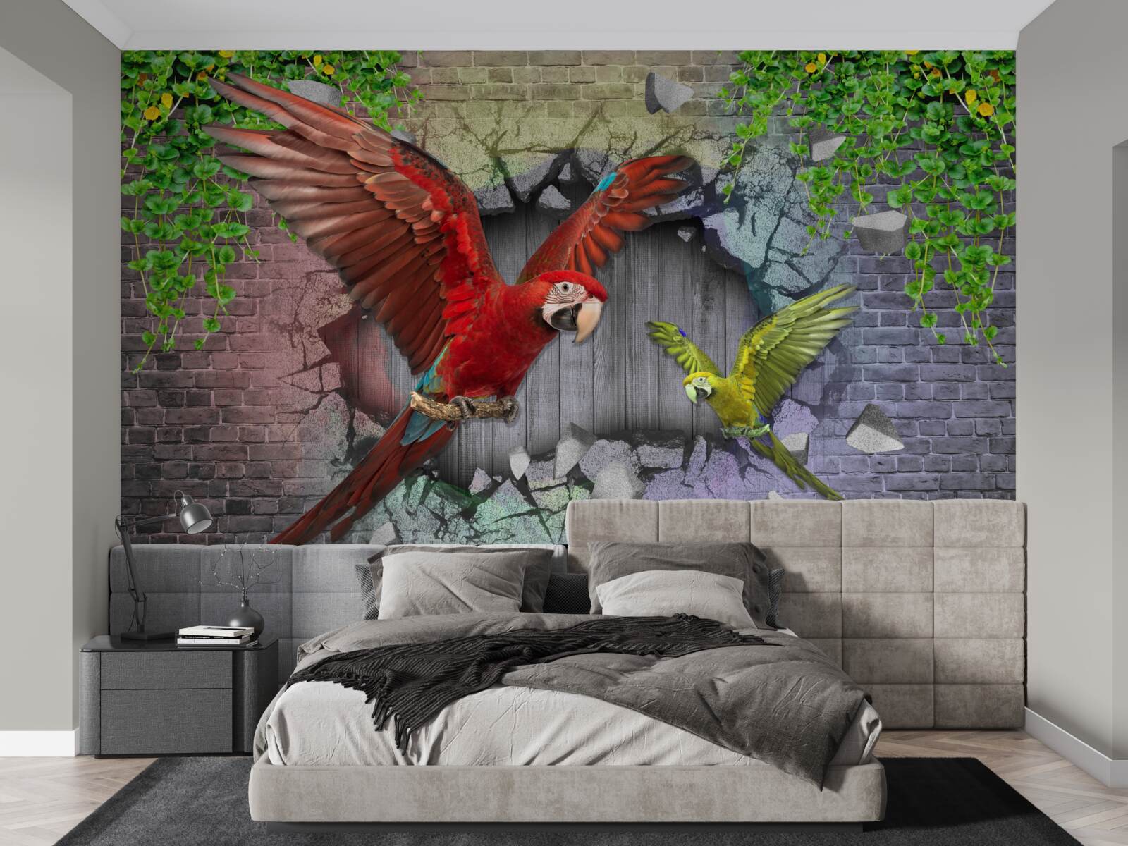 Фотошпалери папуги пролазять крізь стіну