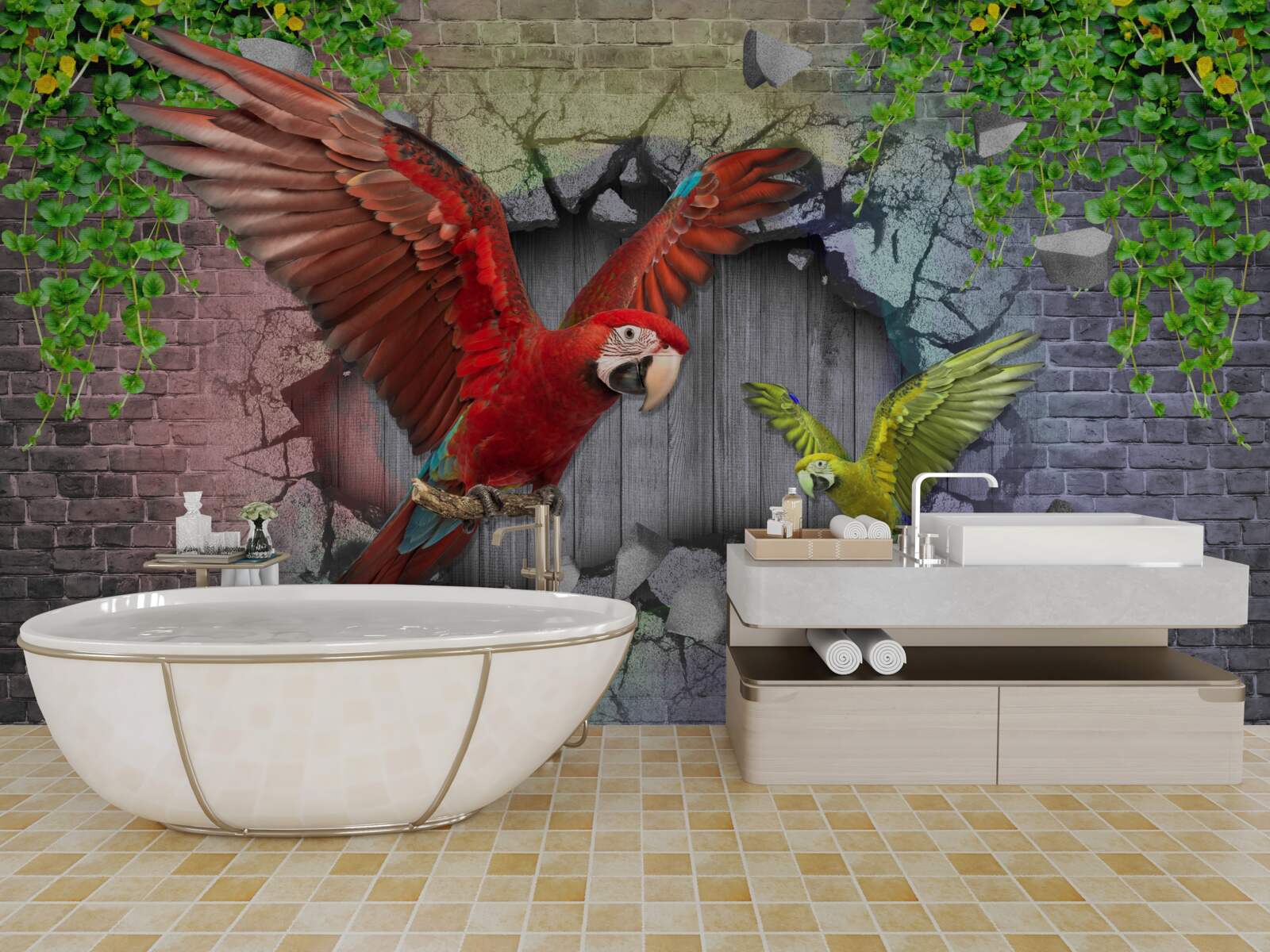 Фотошпалери папуги пролазять крізь стіну