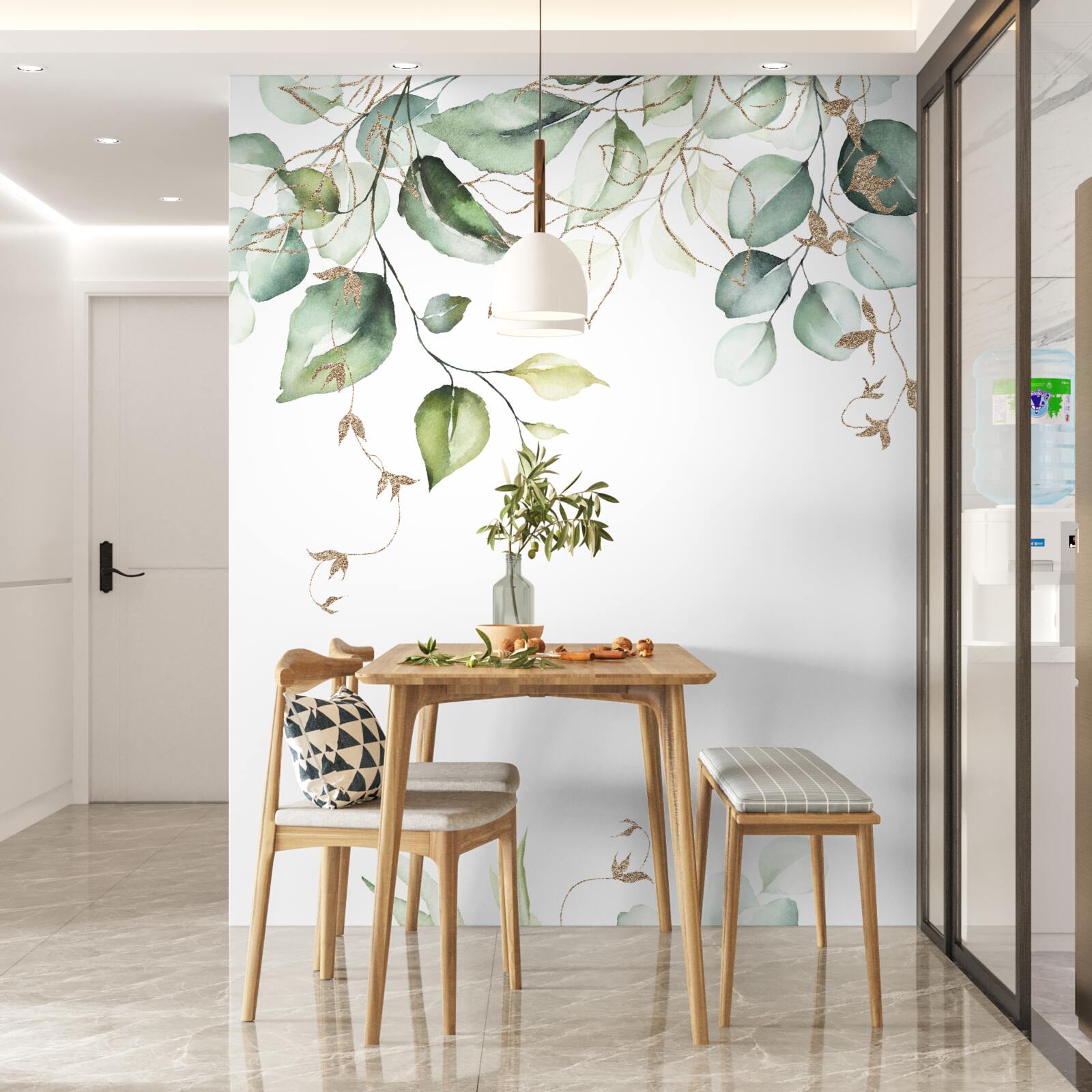 Фотошпалери Акварель із зеленим листям на білому тлі