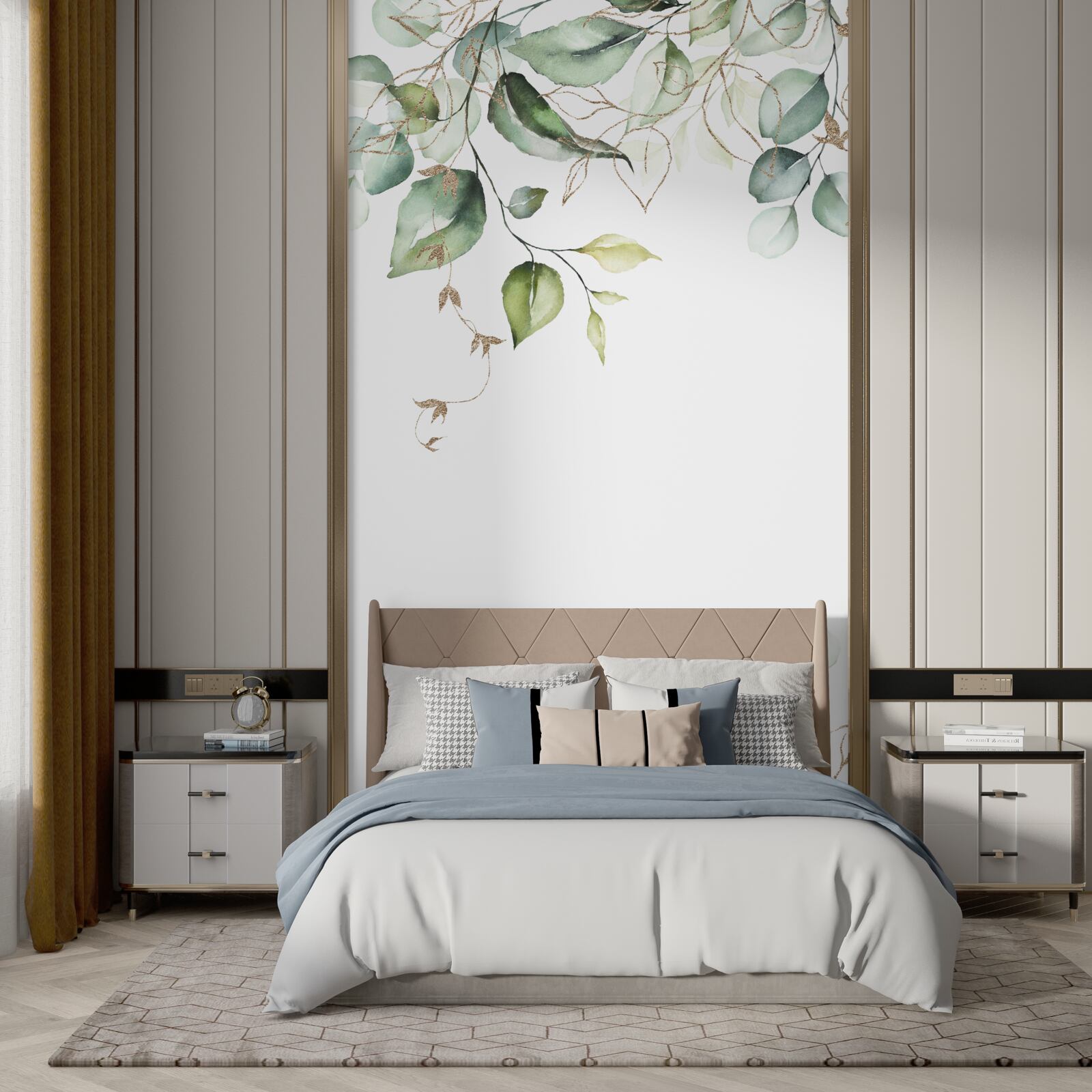 Фотошпалери Акварель із зеленим листям на білому тлі