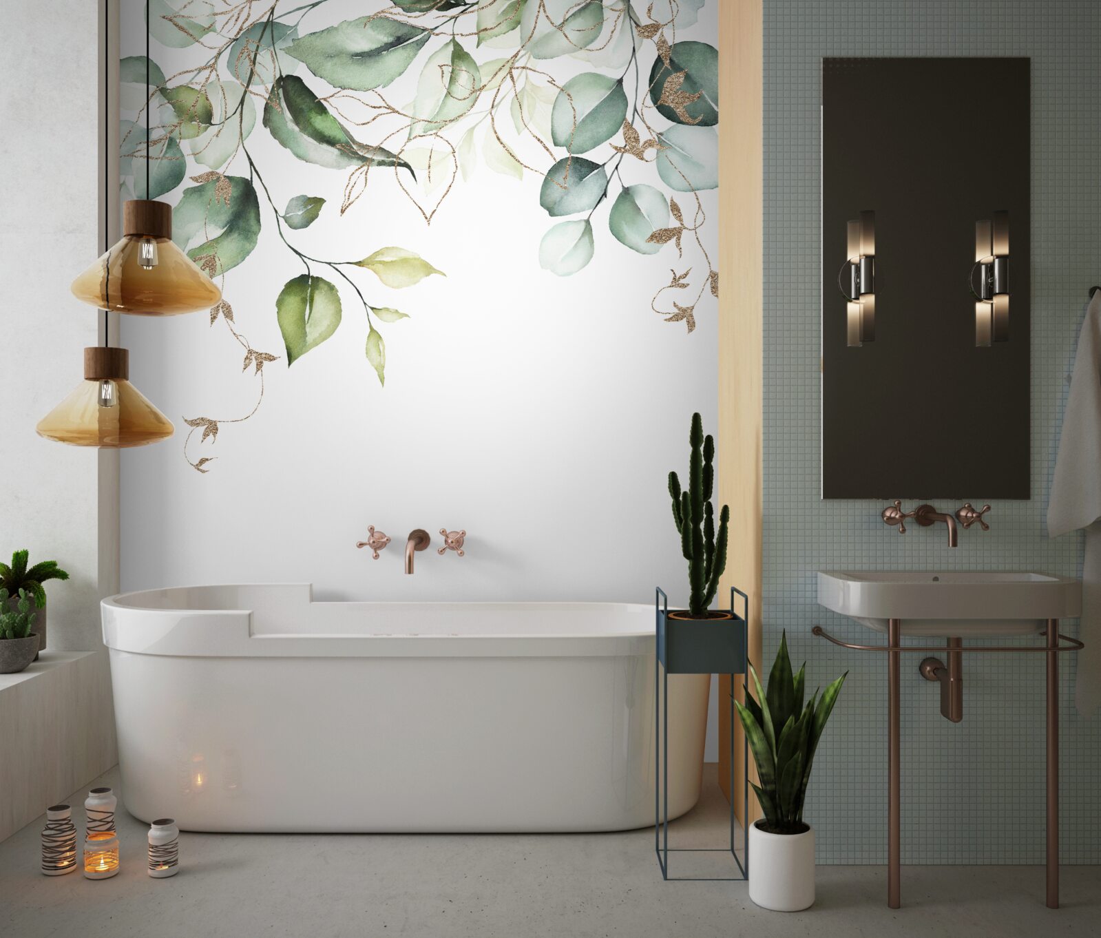 Фотошпалери Акварель із зеленим листям на білому тлі