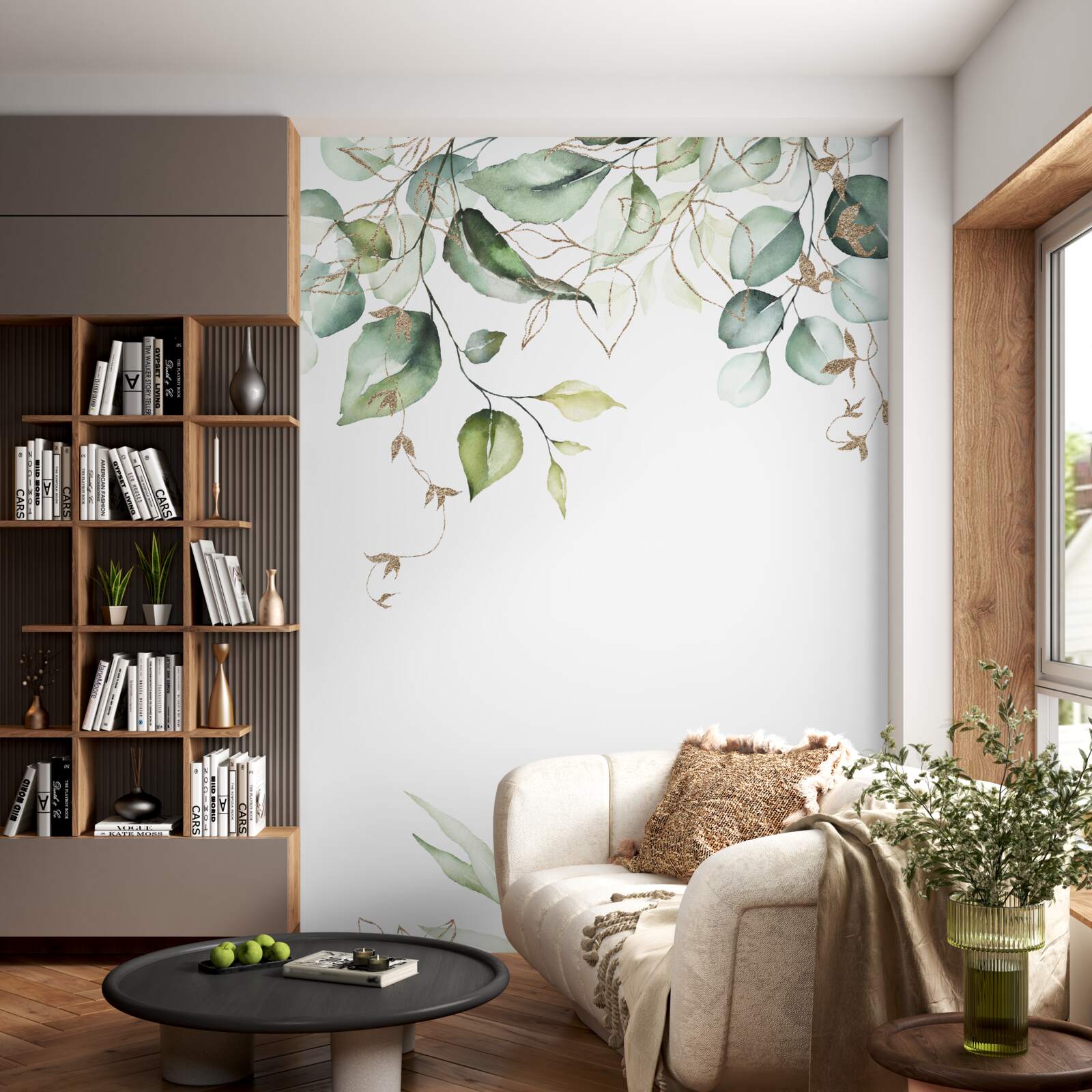 Фотошпалери Акварель із зеленим листям на білому тлі