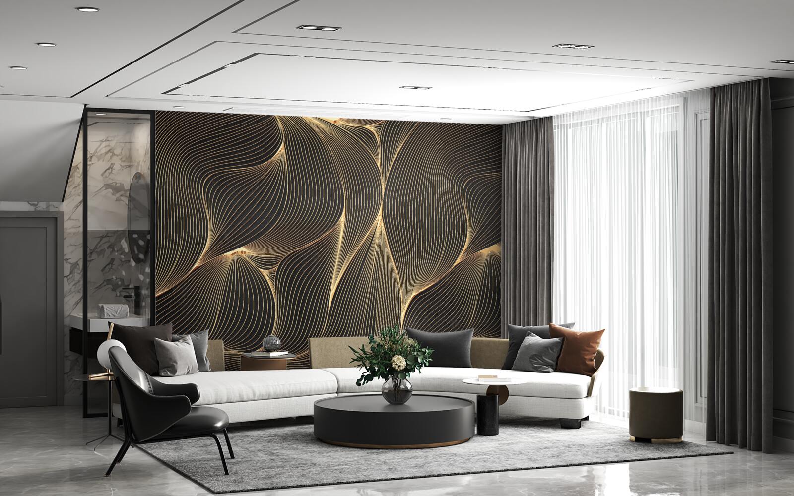 Фотошпалери абстрактний з плавними золотистими лініями