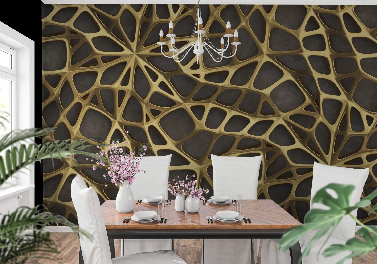 Фотошпалери мережа золотистого кольору на коричневому фоні