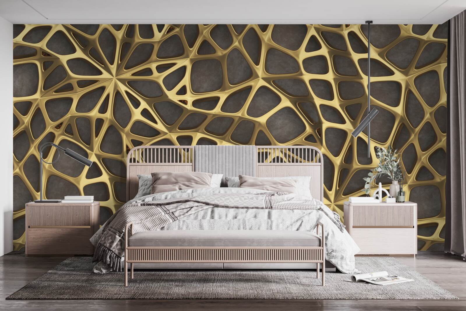 Фотошпалери мережа золотистого кольору на коричневому фоні