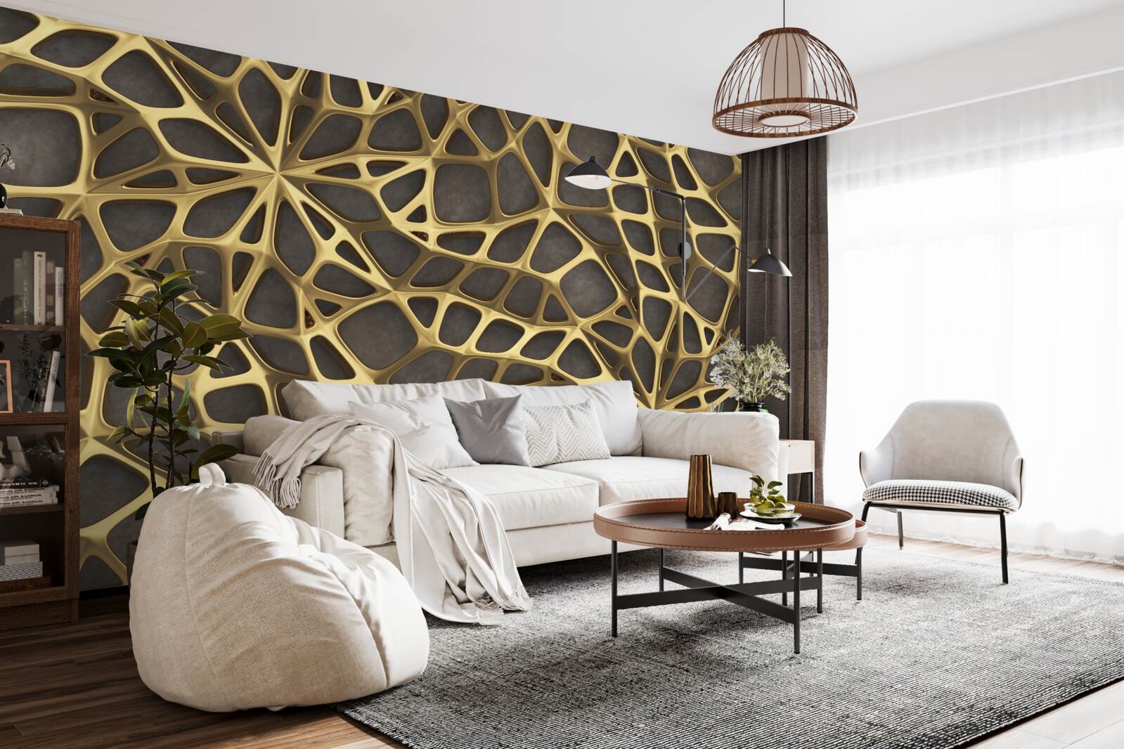 Фотошпалери мережа золотистого кольору на коричневому фоні