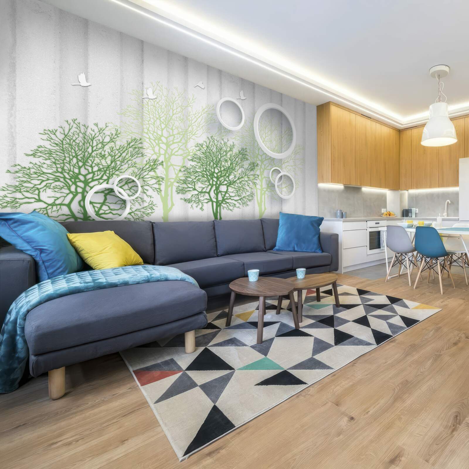 Фотошпалери стрункі дерева з зеленим листям і білосніжними колами