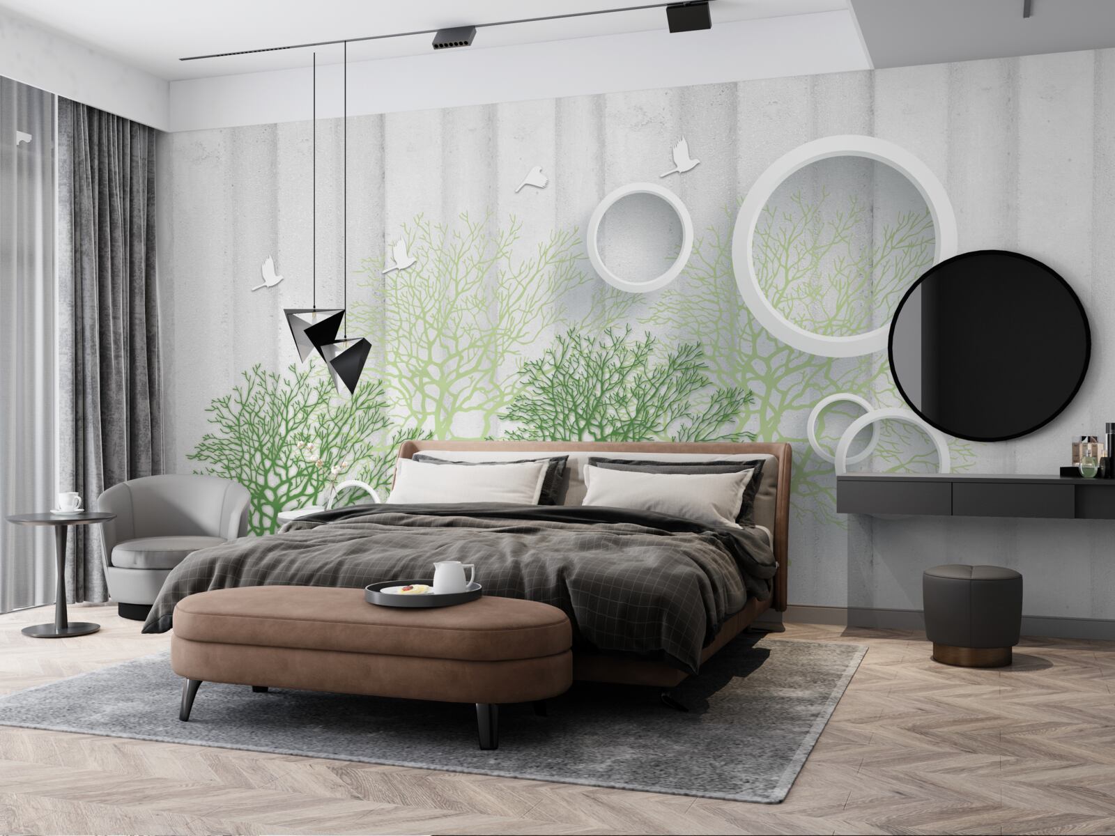 Фотошпалери стрункі дерева з зеленим листям і білосніжними колами