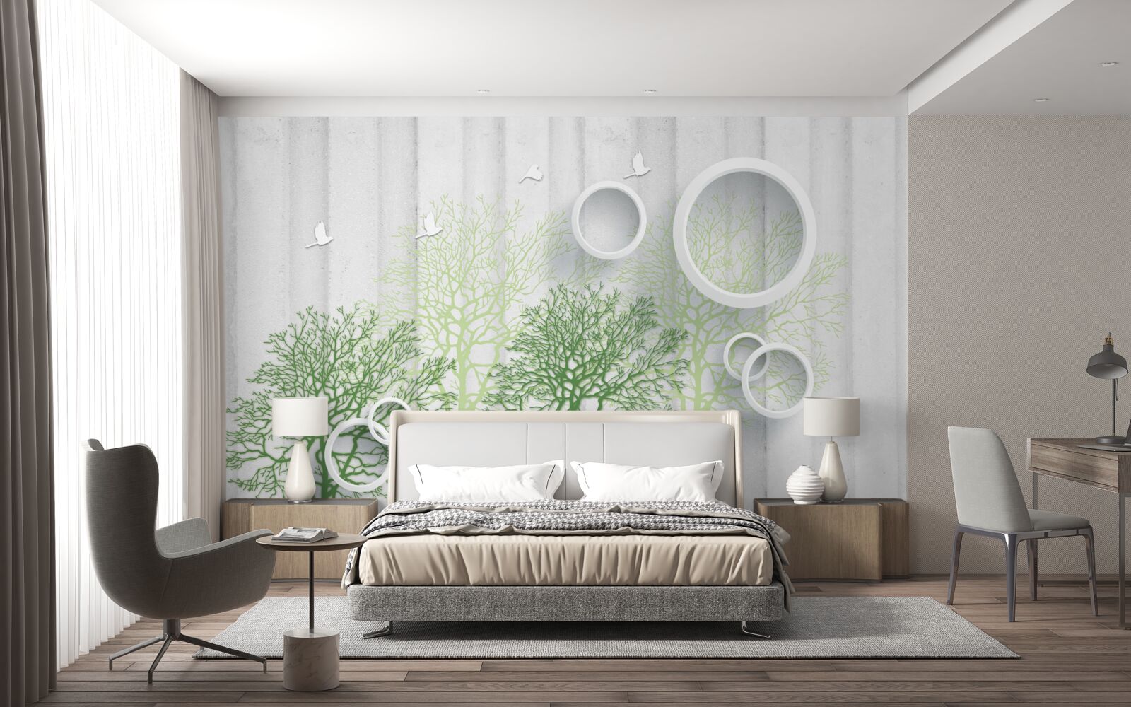 Фотошпалери стрункі дерева з зеленим листям і білосніжними колами