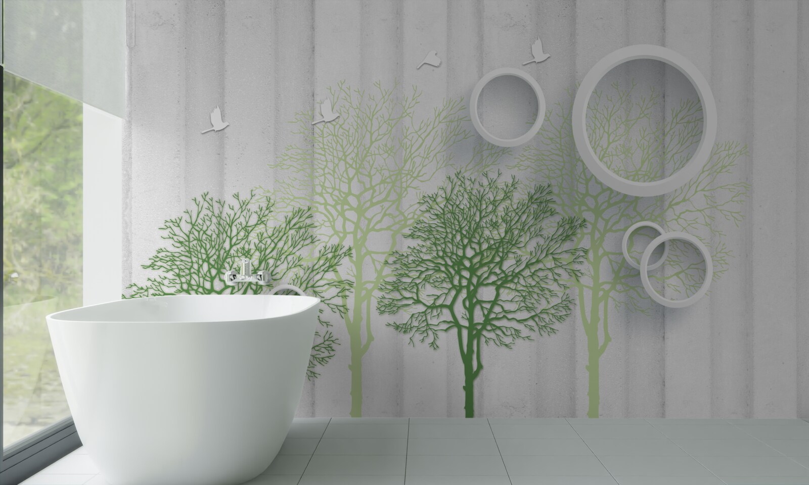 Фотошпалери стрункі дерева з зеленим листям і білосніжними колами