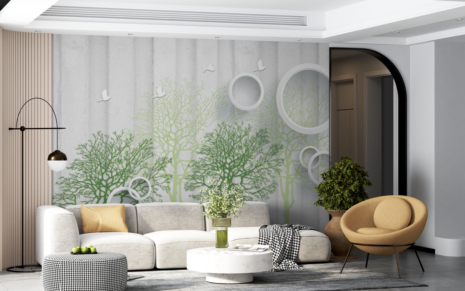 Фотошпалери стрункі дерева з зеленим листям і білосніжними колами