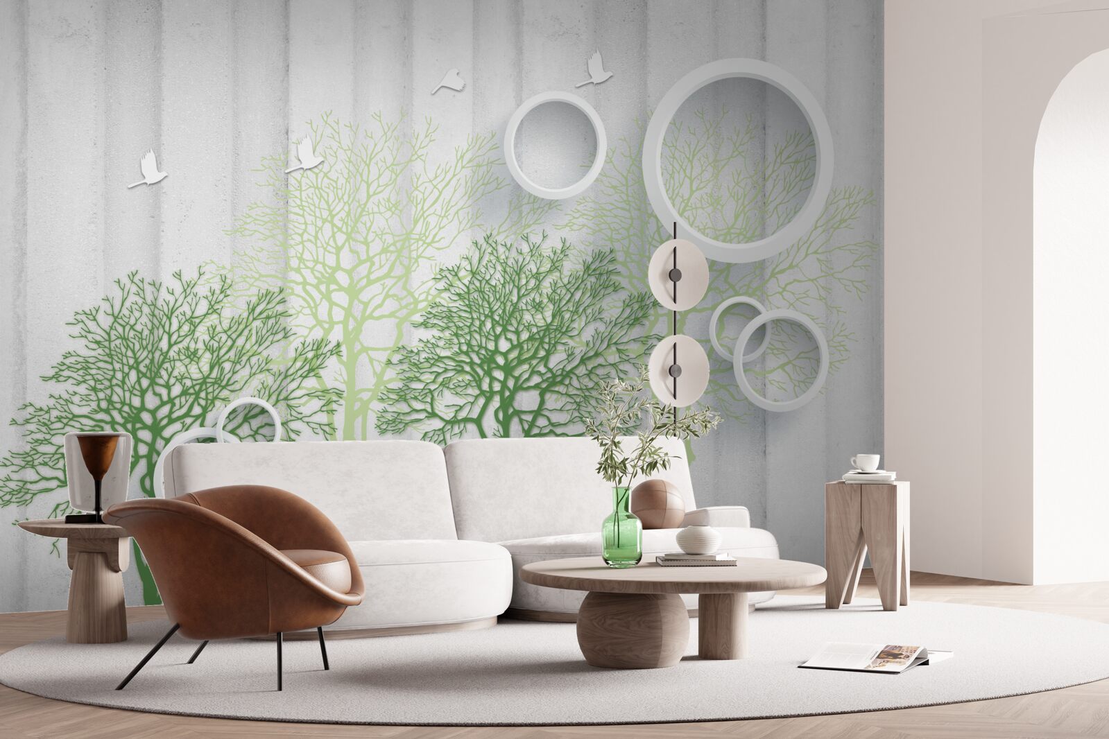 Фотошпалери стрункі дерева з зеленим листям і білосніжними колами