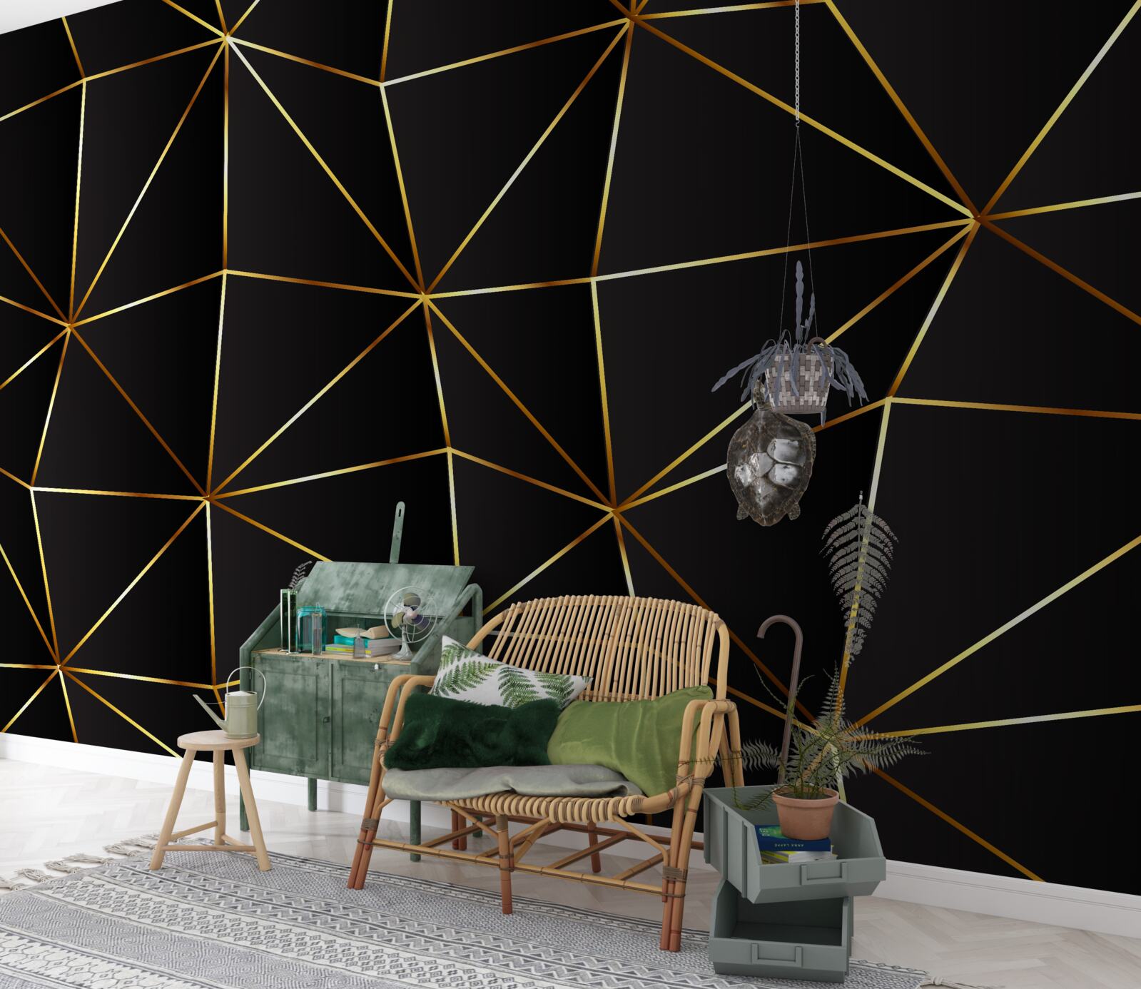 Фотошпалери золоті елементи на чорному тлі трикутника