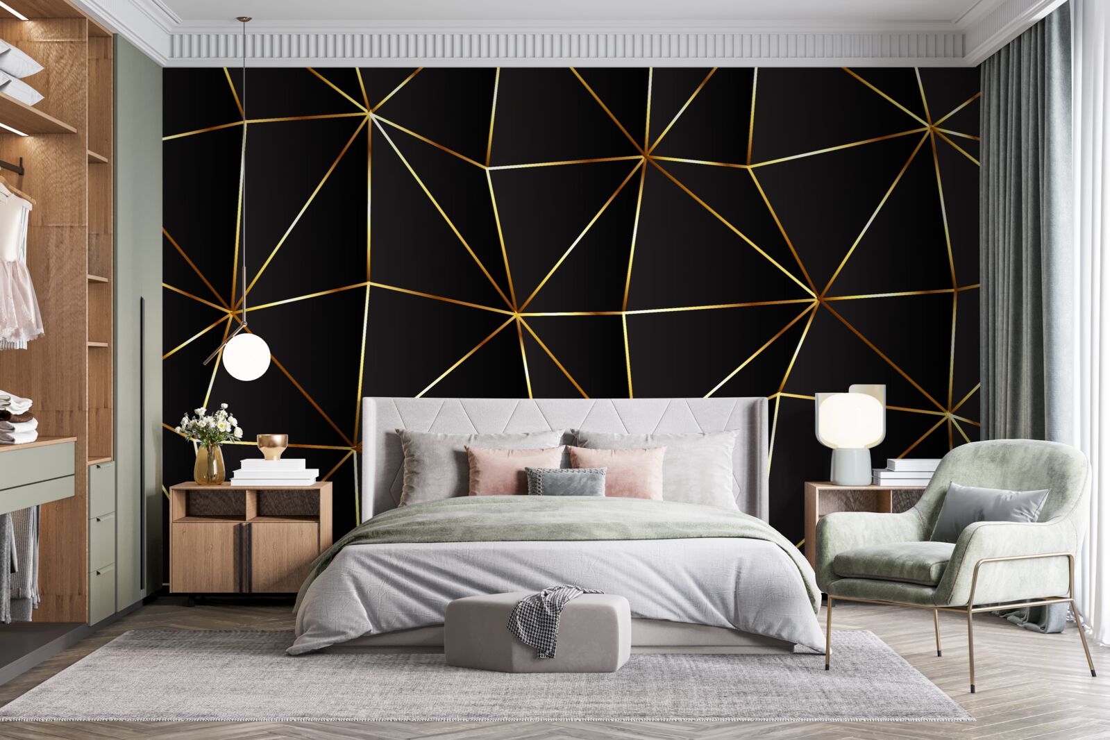 Фотошпалери золоті елементи на чорному тлі трикутника