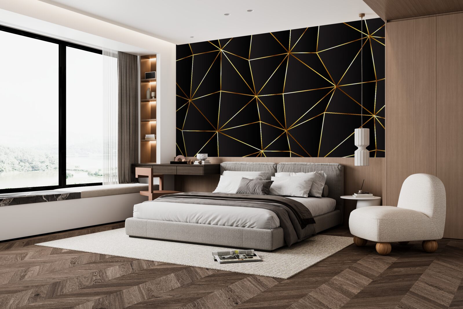 Фотошпалери золоті елементи на чорному тлі трикутника