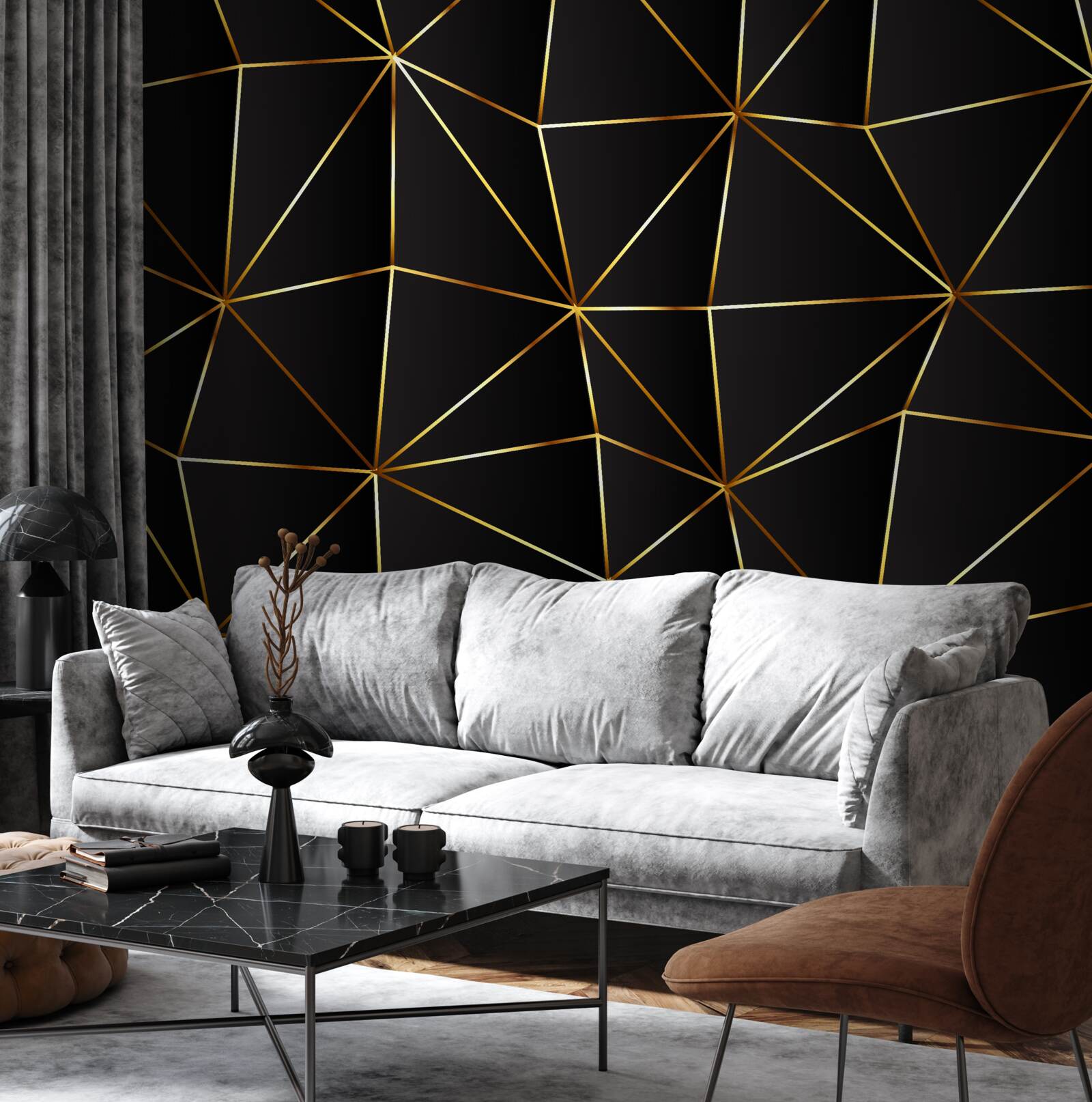 Фотошпалери золоті елементи на чорному тлі трикутника