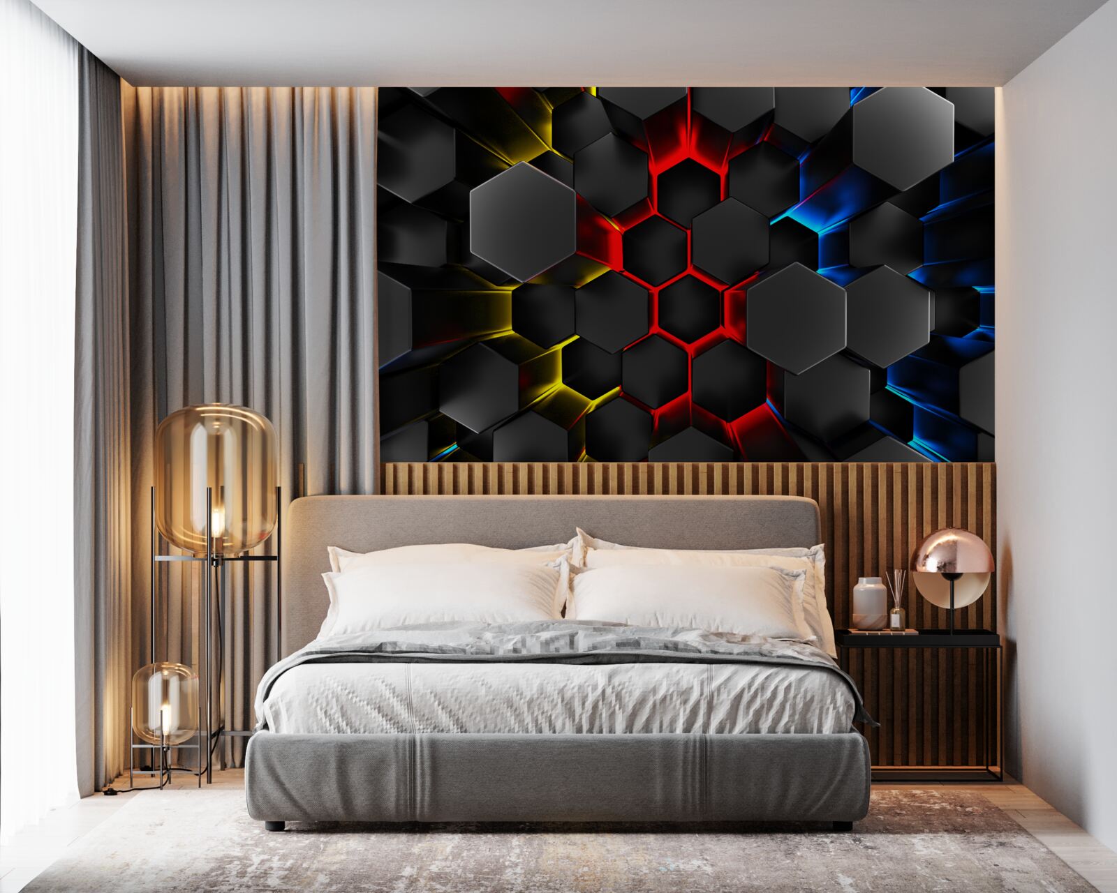 Фотошпалери чорні фігури у світлі різнокольорових вогнів