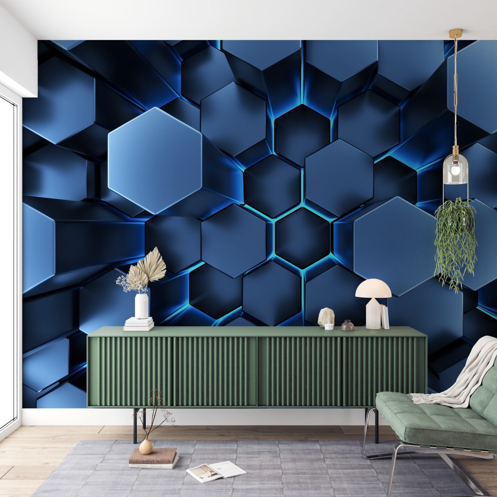 Фотошпалери сині п'ятикутники об'ємні