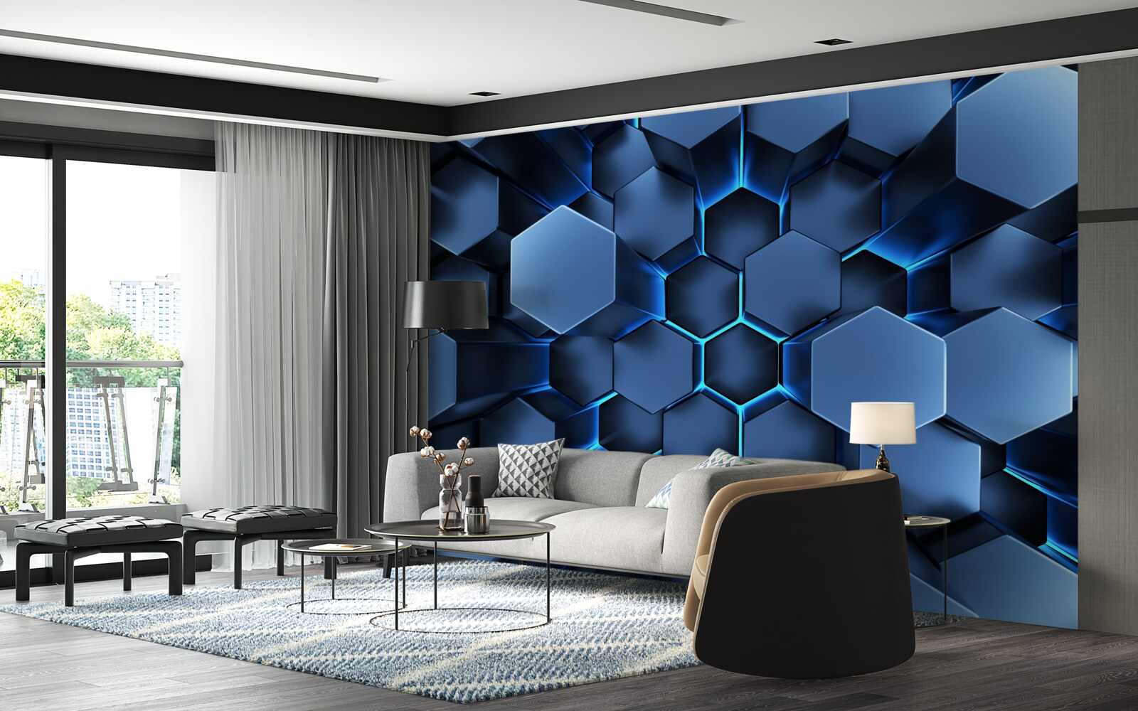 Фотошпалери сині п'ятикутники об'ємні