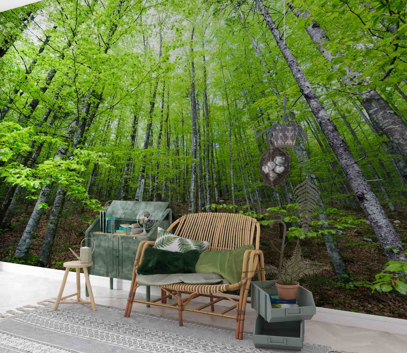 Фотошпалери яскраво сяють зелені крони дерев у лісі