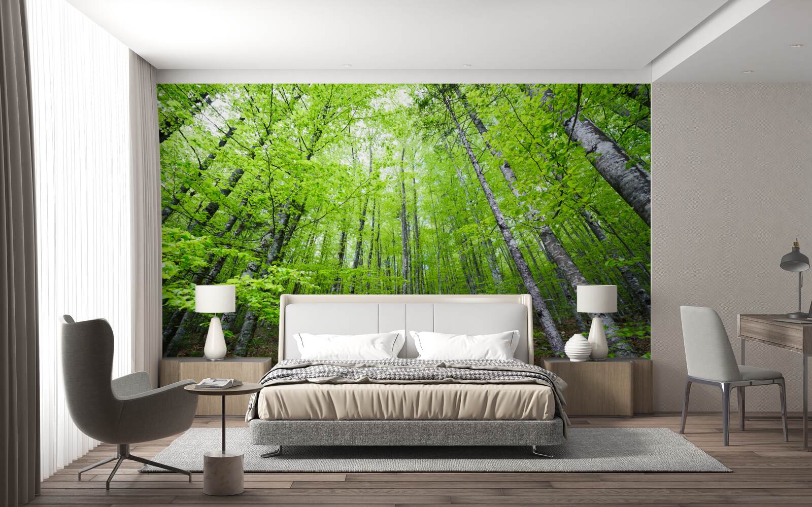 Фотошпалери яскраво сяють зелені крони дерев у лісі