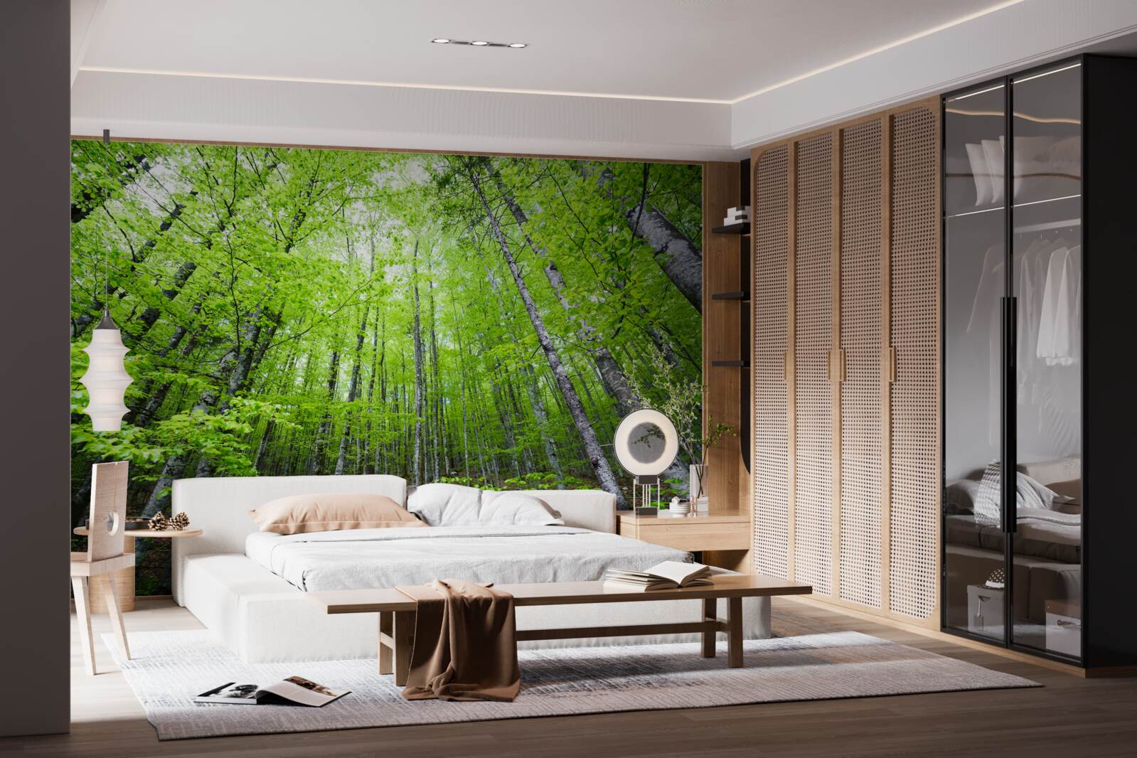 Фотошпалери яскраво сяють зелені крони дерев у лісі