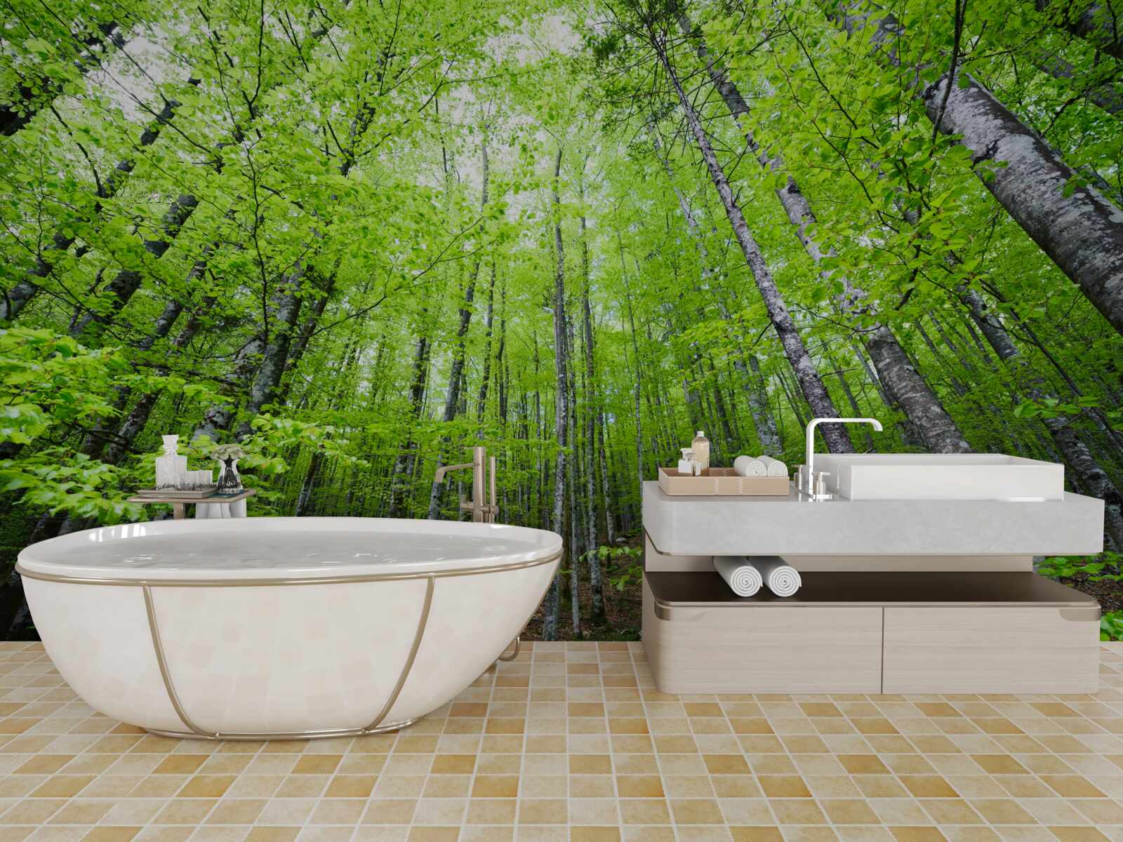 Фотошпалери яскраво сяють зелені крони дерев у лісі