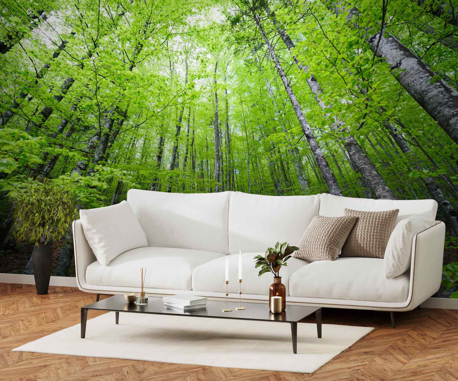 Фотошпалери яскраво сяють зелені крони дерев у лісі