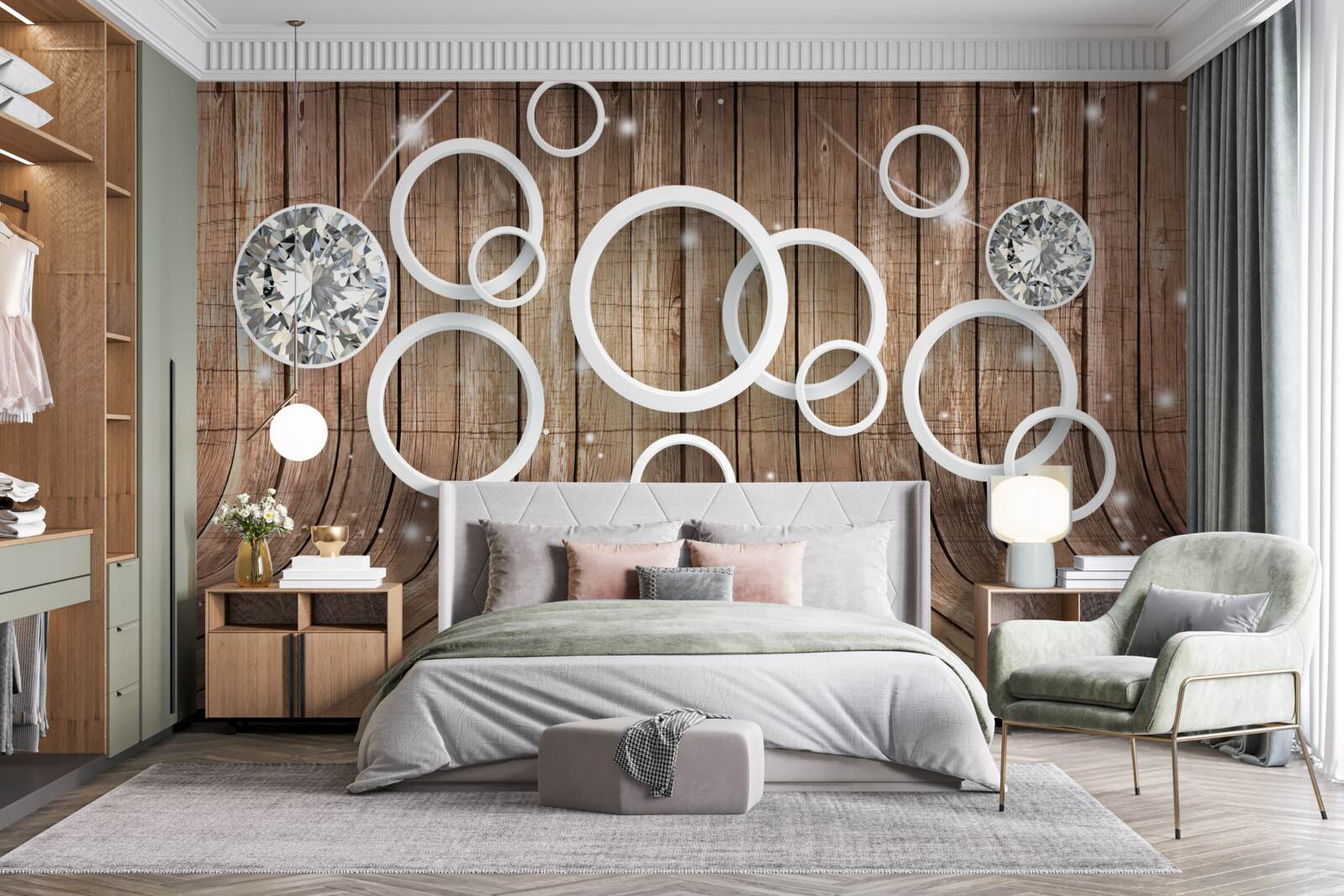 Фотошпалери текстура дерева та білі кола