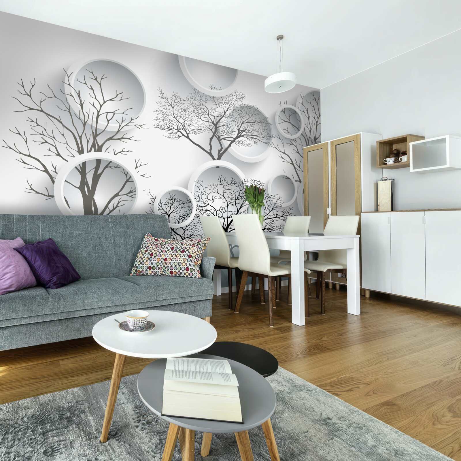 Фотошпалери білі кола та дерева