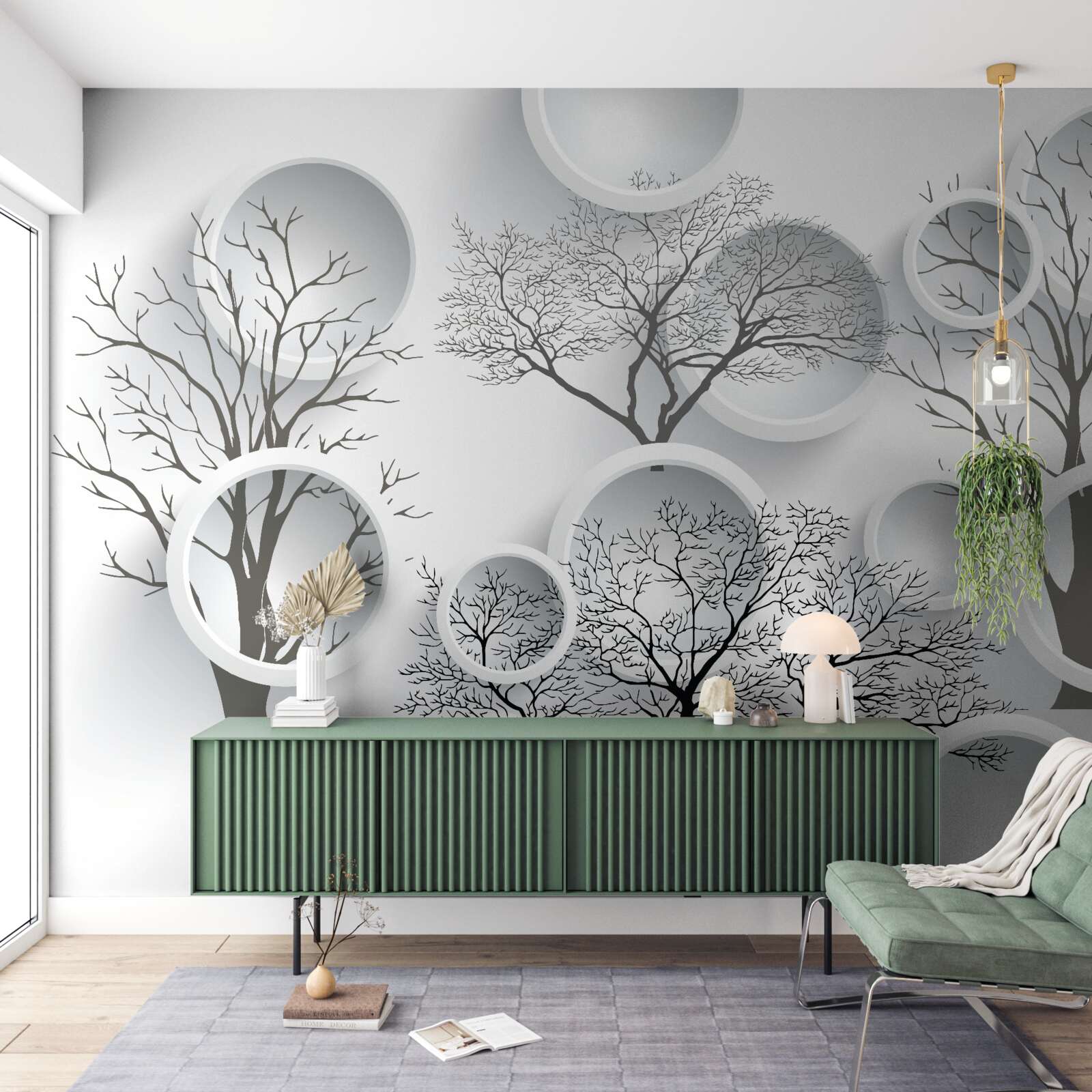 Фотошпалери білі кола та дерева