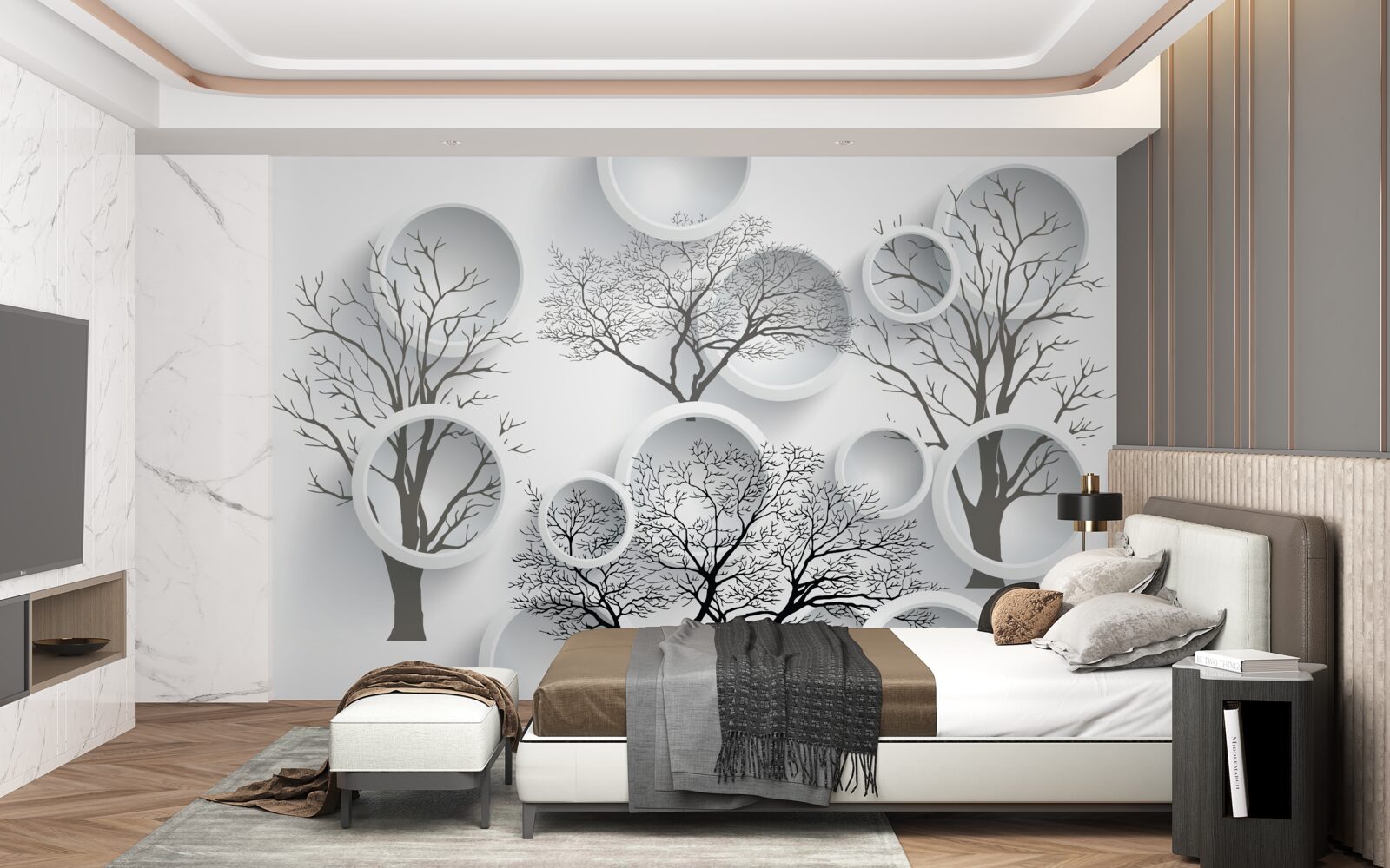 Фотошпалери білі кола та дерева