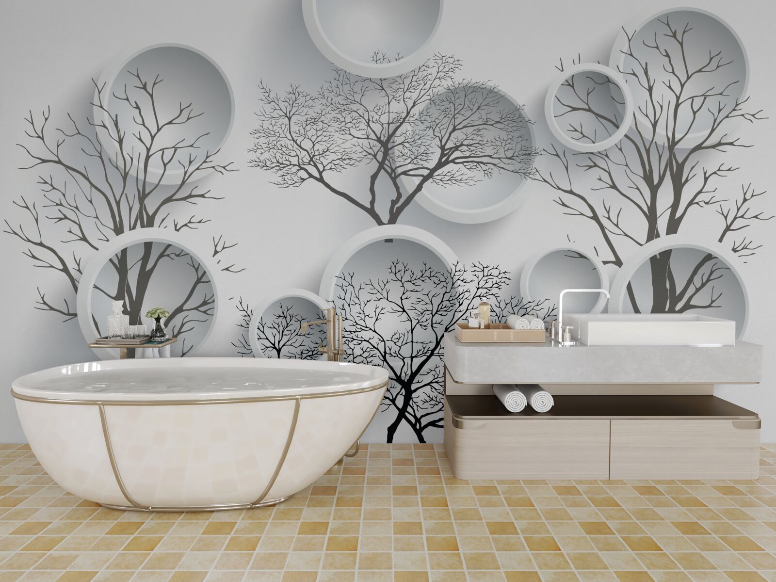 Фотошпалери білі кола та дерева